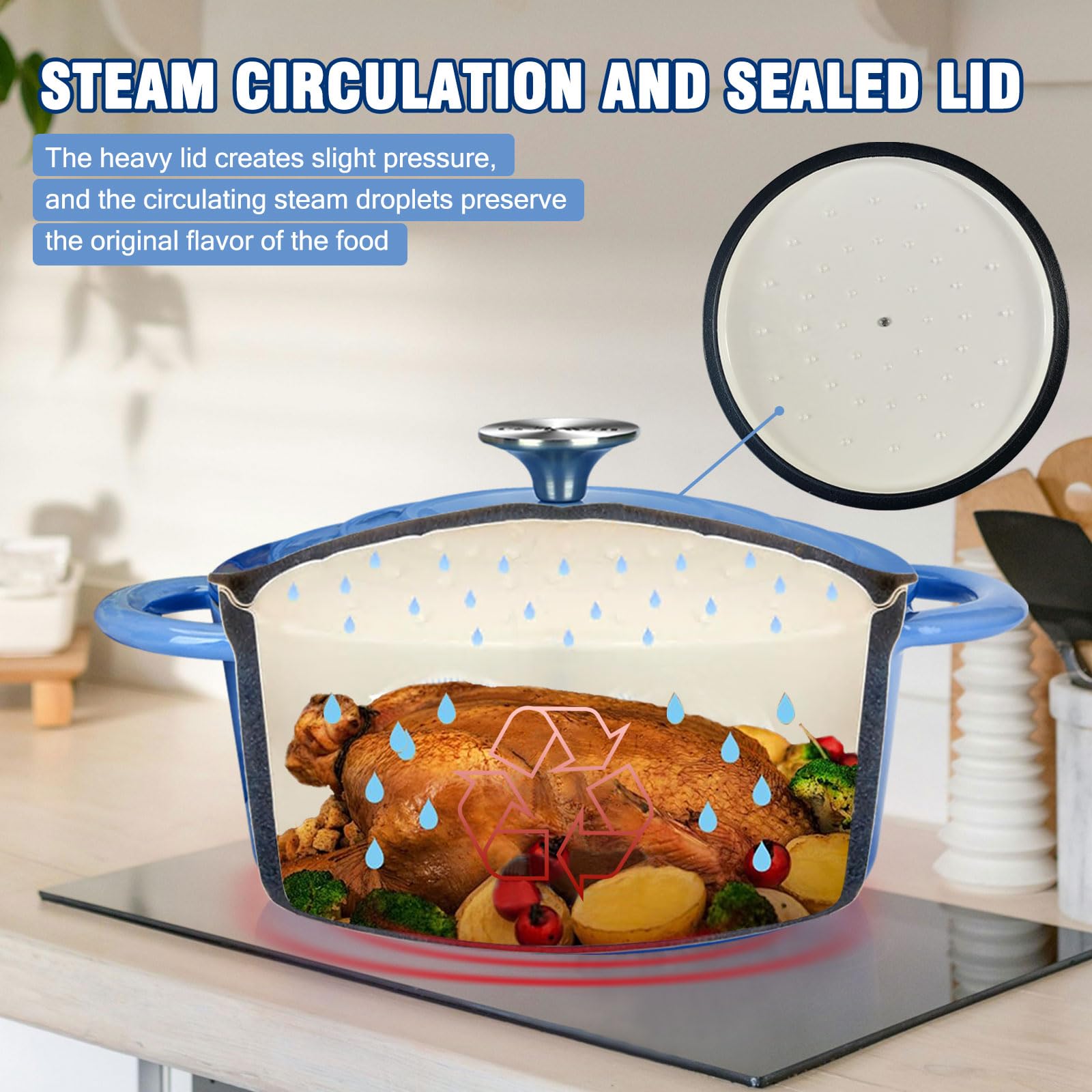 COOKWIN Horno holandés de hierro fundido esmaltado con tapa autountada, olla antiadherente con revestimiento esmaltado, azul, 2.9 cuartos