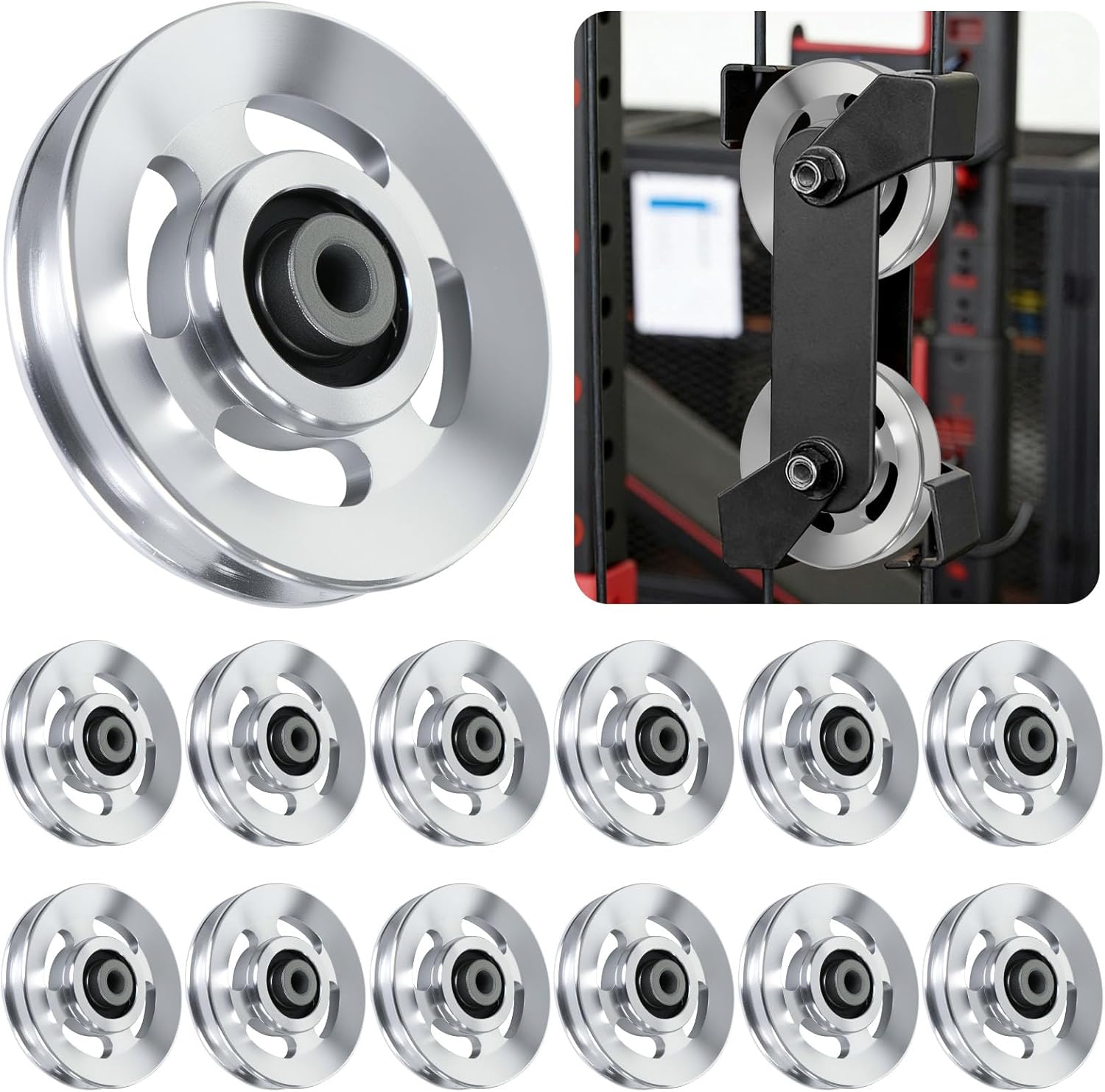 BESTEEL 12pcs 90mm Universal Aluminum Pulley Wheel for Gym Equipment, Silent Cable Machine Replacement Part,Heavy Duty Undeformable Fitness Aluminum Alloy Bearing Gym Pulley Wheel for Home Gym(Silver)