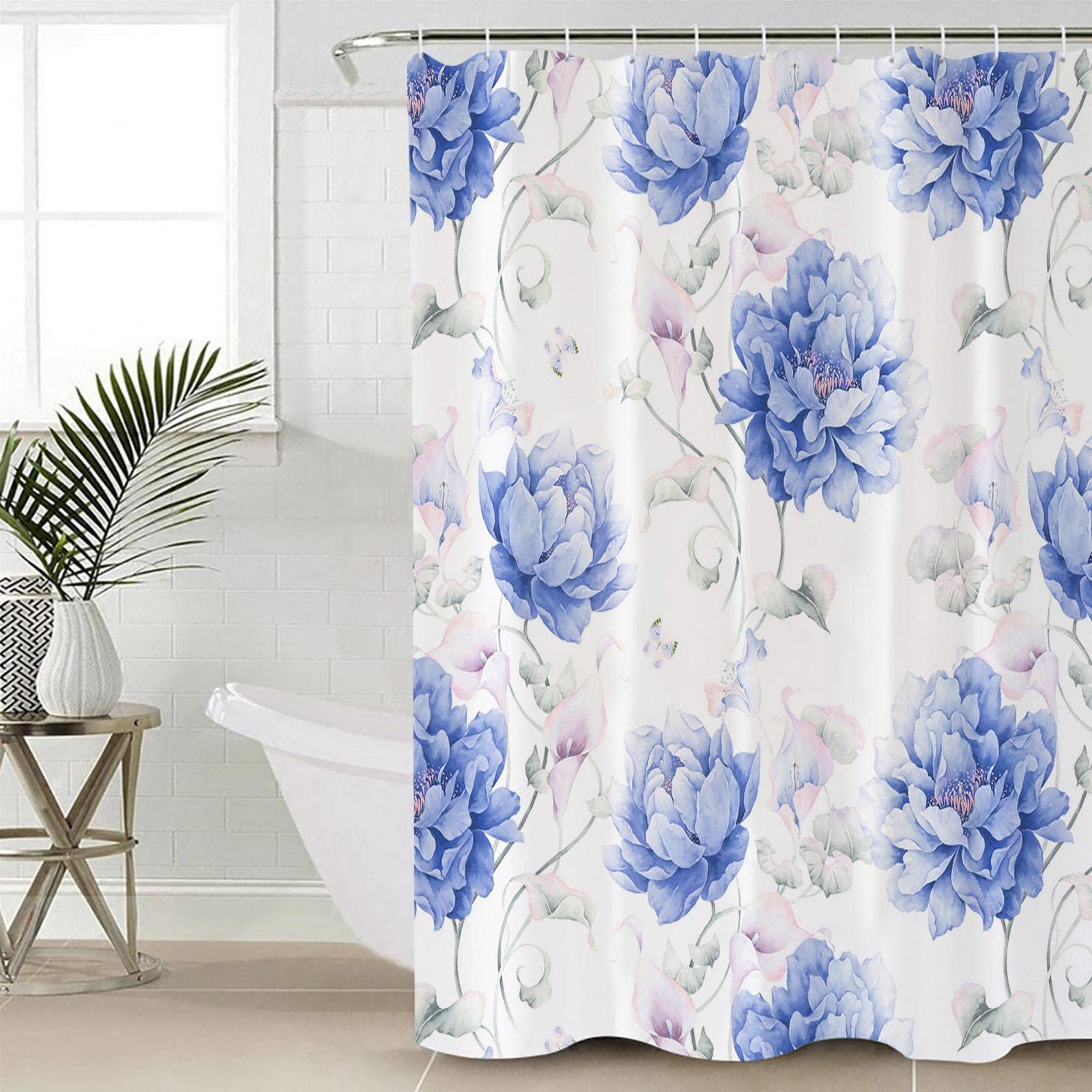 Tenda da doccia ad acquerello con motivo floreale viola blu con ganci