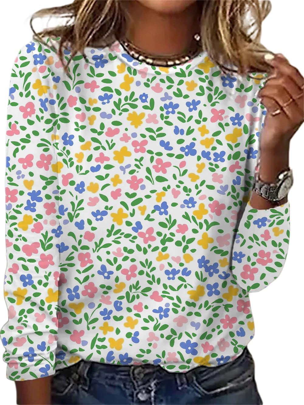Womens 3/4 Sleeve Tops Boho Floral Print Splice Crewneck Casual Shirts for Women Vintage Trendy Blouse