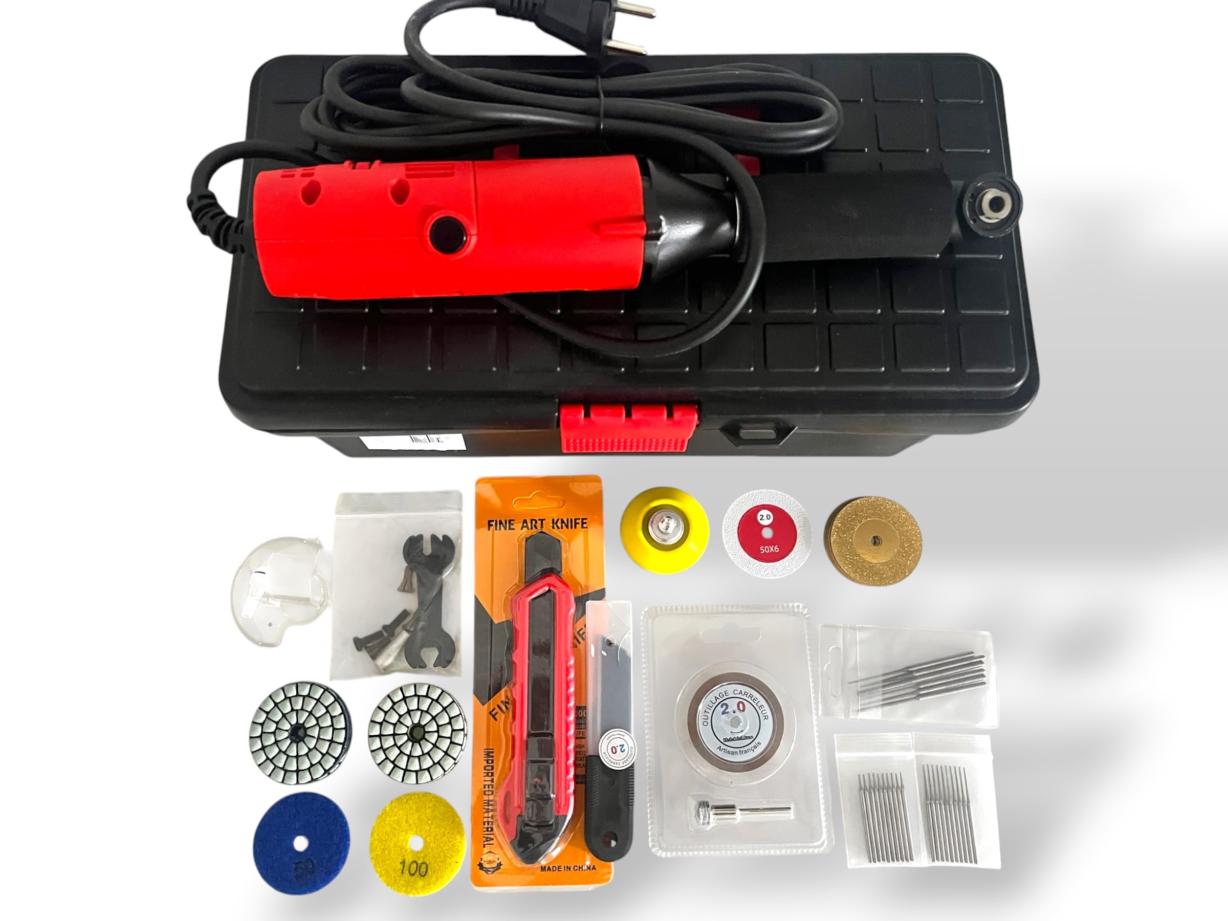 Kit Smerigliatrice P6 di Precisione 550W con Variatore Velocità – Set con Accessori (Pad, Dischi, Mandrino, Taglierino) – Taglio e Finitura Piastrelle e Pietra – Outillage Carreleur 2.0