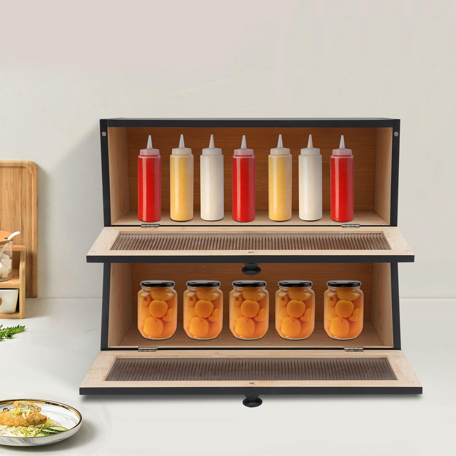 Panera de bambú, 40 x 25 x 33 cm, grande, 2 niveles, para panaderías, restaurantes, cafés