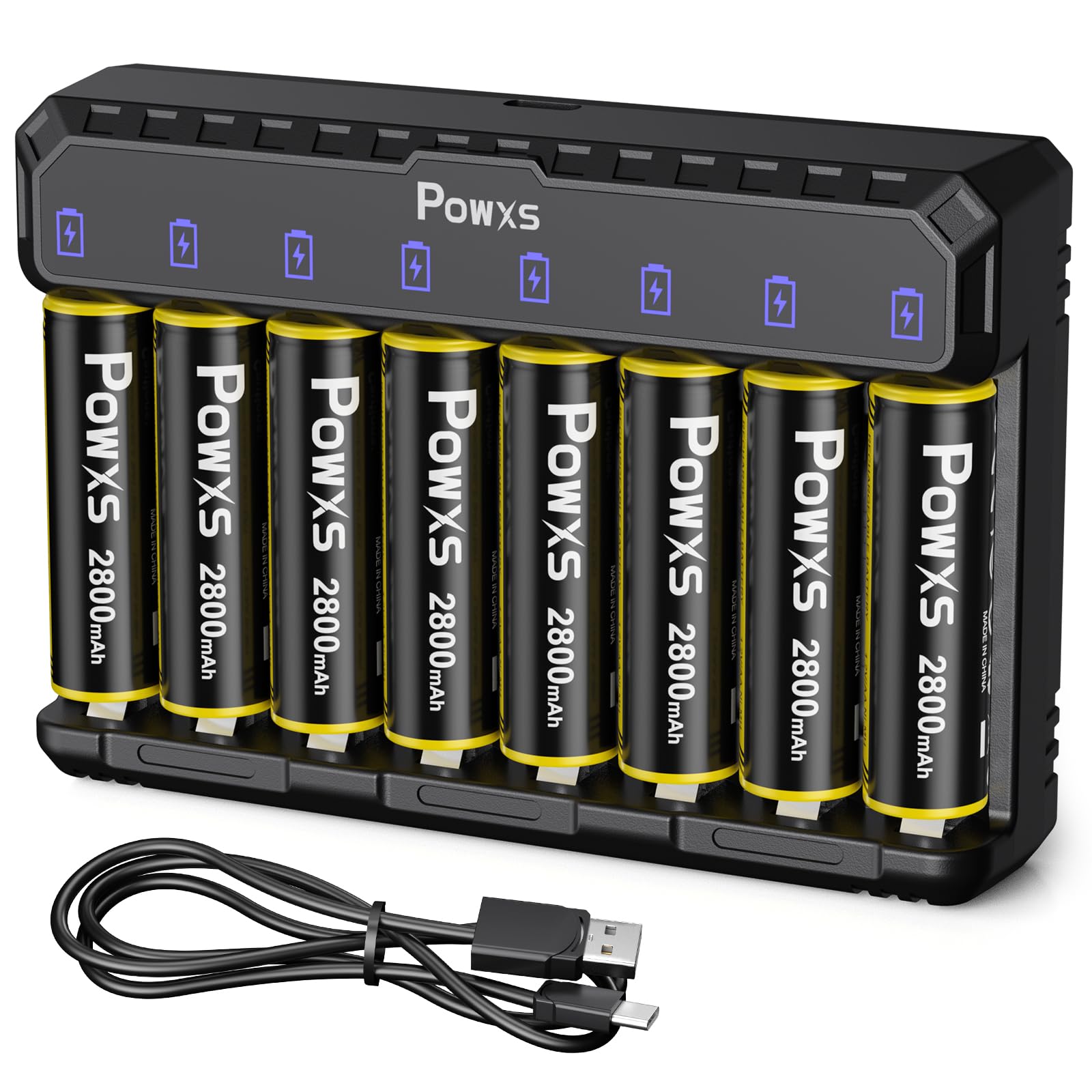 POWXS 電池充電器セット単三電池（2800mAh*8）付き+ 8スロットLED表示 充電器 単三/単四 1.2V ニッケル水素/1.5V リチウム電池を同時充電可能 単3充電器セット