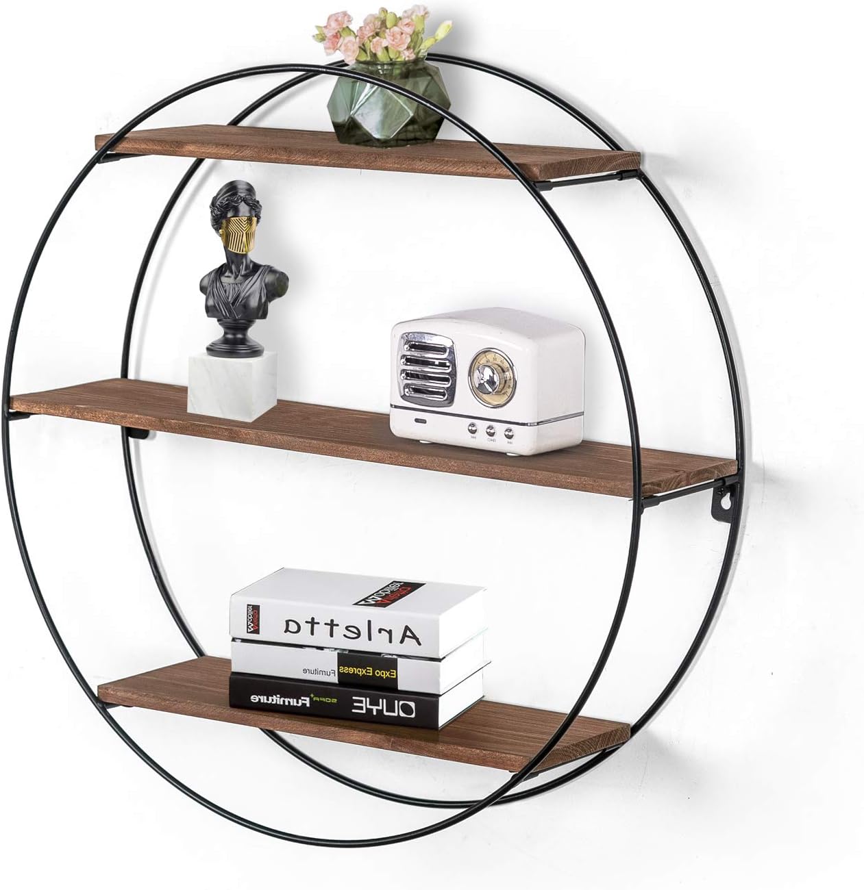 Joveco Round Wall Shelf Dark Brown, 3 Tier Metal & Wood Circle Shelf Set, Round Decorative Wall Shelves for Living Room,Bedroom,Bathroom (Dark Brown)