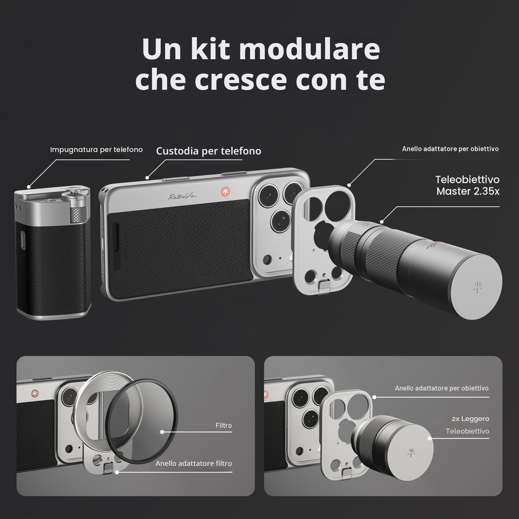 PGYTECH Kit Impugnatura RetroVa per iPhone 17 Pro Max, con Custodia Vintage, Impugnatura Bluetooth per Smartphone, Slot MicroSD, Filettatura 1/4"-20, Controlli Fisici e Integrazione App
