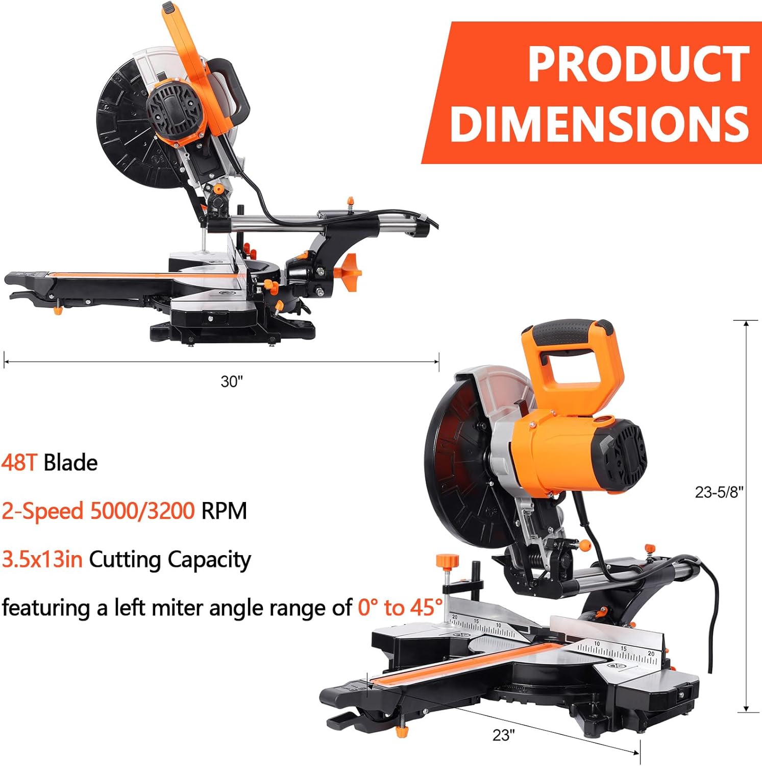 10in Single Bevel Double Speed Sliding Miter Saw,48T Blade,2-Speed 5000/3200 RPM,3.5x13in Cutting Capacity,ETL certificate (Black+Orange)