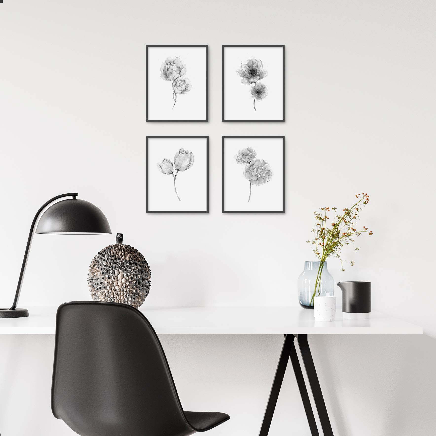 Brooke & Vine Botanische Wanddrucke - 4-teiliges Set Schwarz-Weiß Blumen, Boho Deko Für Wohnzimmer & Büro (20,3 X 25,4 Cm)