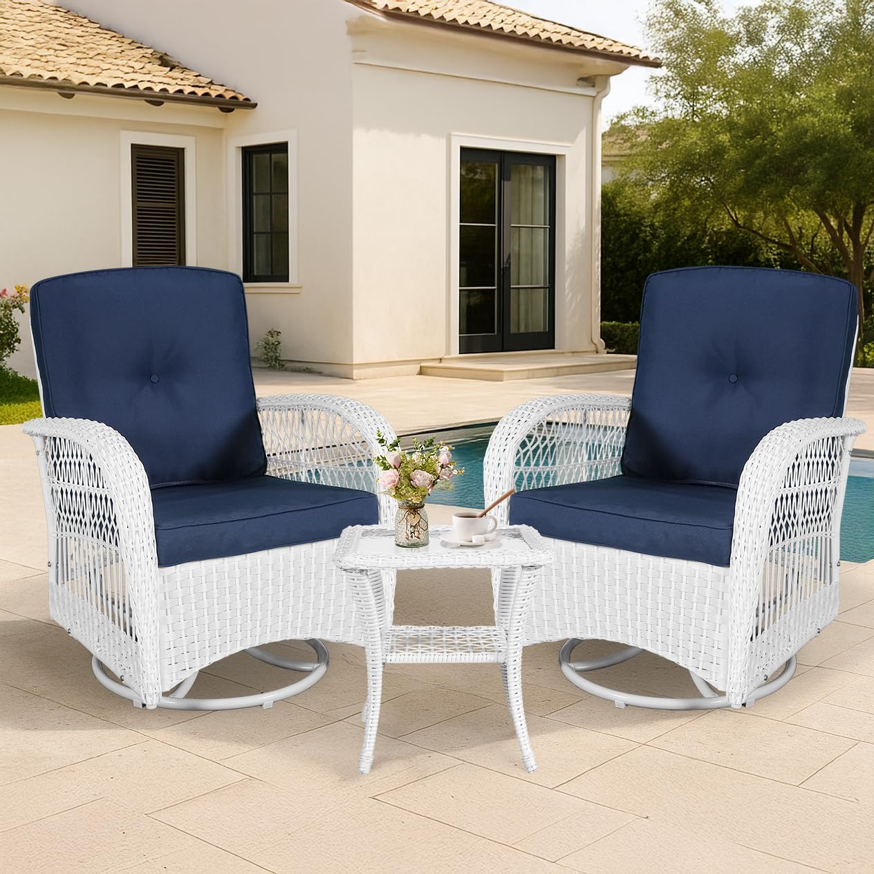 VIVIJASON 3-Piece Outdoor Conversation Bistro Set, Patio Swivel Glider Rocking Chairs Rattan Furniture Sets w/ 2 White Rattan Chairs, Glass Top Side