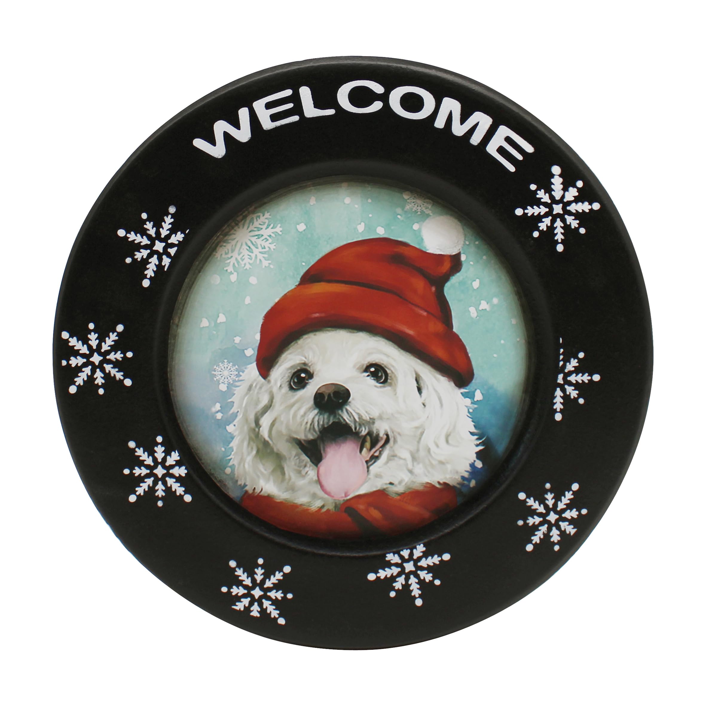 Assiette décorative en bois Welcome Christmas Dog déco Noël rustique 24,5cm