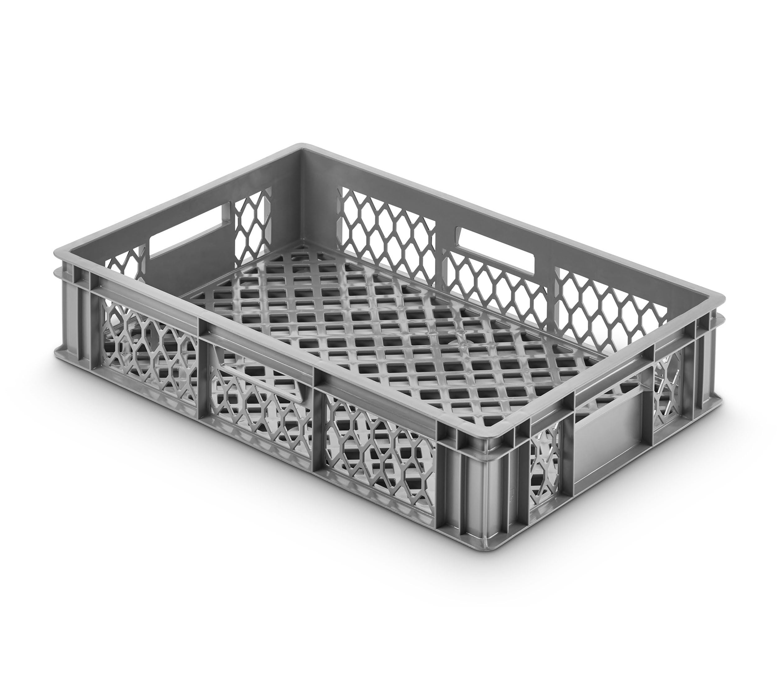 1a-TopStore VE (4 Stk.) Gastronomie Stapelkiste Stapelbox Euro-Maß, 600x400x154 mm (LxBxH), Wände und Boden offen/durchbrochen, mit Grifföffnungen, lebensmittelecht aus HD-PE (grau), perforiert