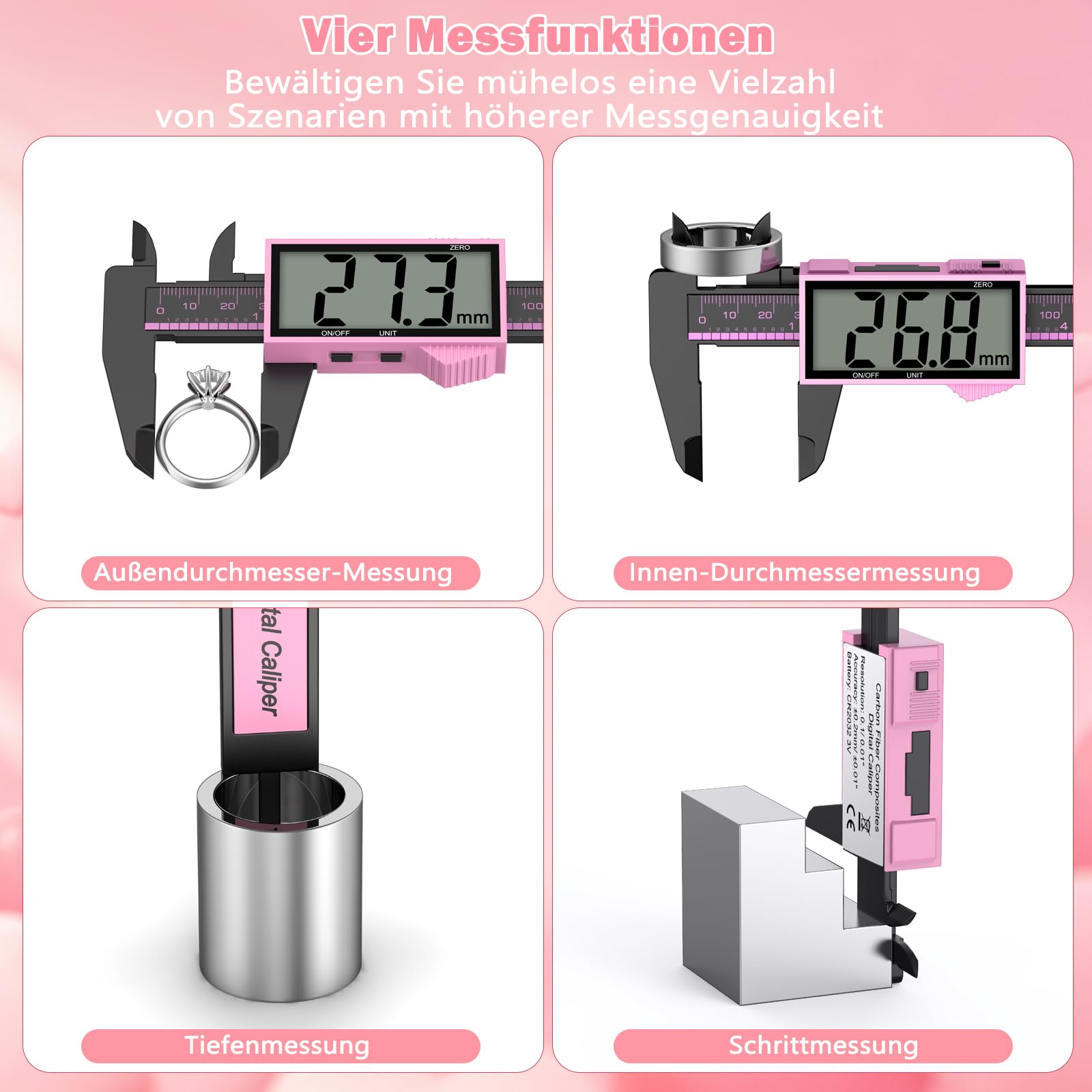 Messschieber Digital, 150 mm/6" Schieblehre Messlehre mit LCD-Display, Zoll/Metrisch Konvertierung, Auto-Off, für Außendurchmesser, Innendurchmesser und Tiefe zu Messen (Rosa-Schwarz)