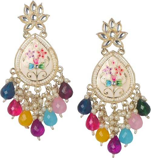 OrnaOra Gold Tone Jhumka Earrings for Women | Enamel Teardrop Floral Design with Beaded Drops | Ethnic Statement Jewellery...
