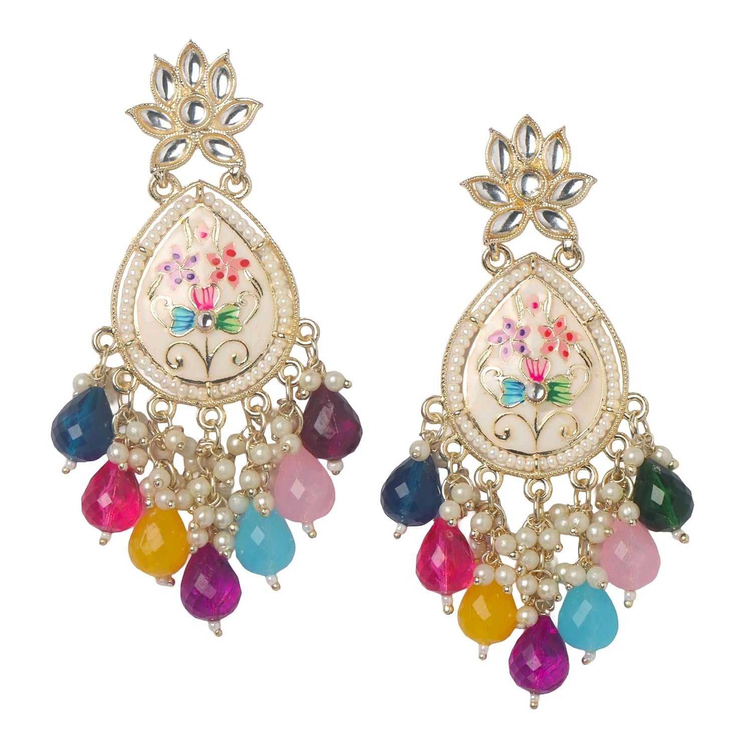 OrnaOra Gold Tone Jhumka Earrings for Women | Enamel Teardrop Floral Design with Beaded Drops | Ethnic Statement Jewellery... - Review, Price and Buying Guide