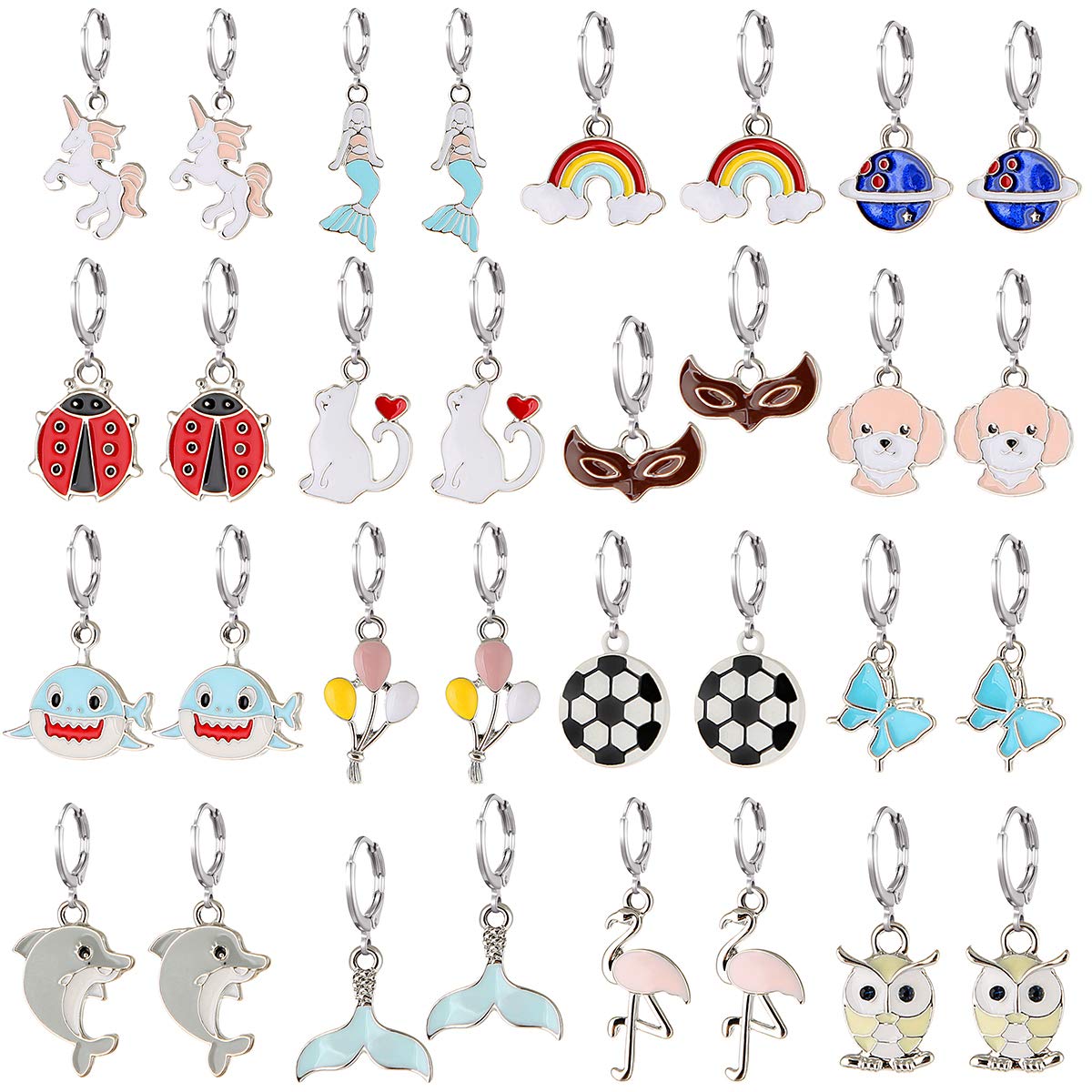 Hypoallergenic Dangle Hoop Earrings Set Silver Huggie Hoop Earrings with Charm (16 Pairs)