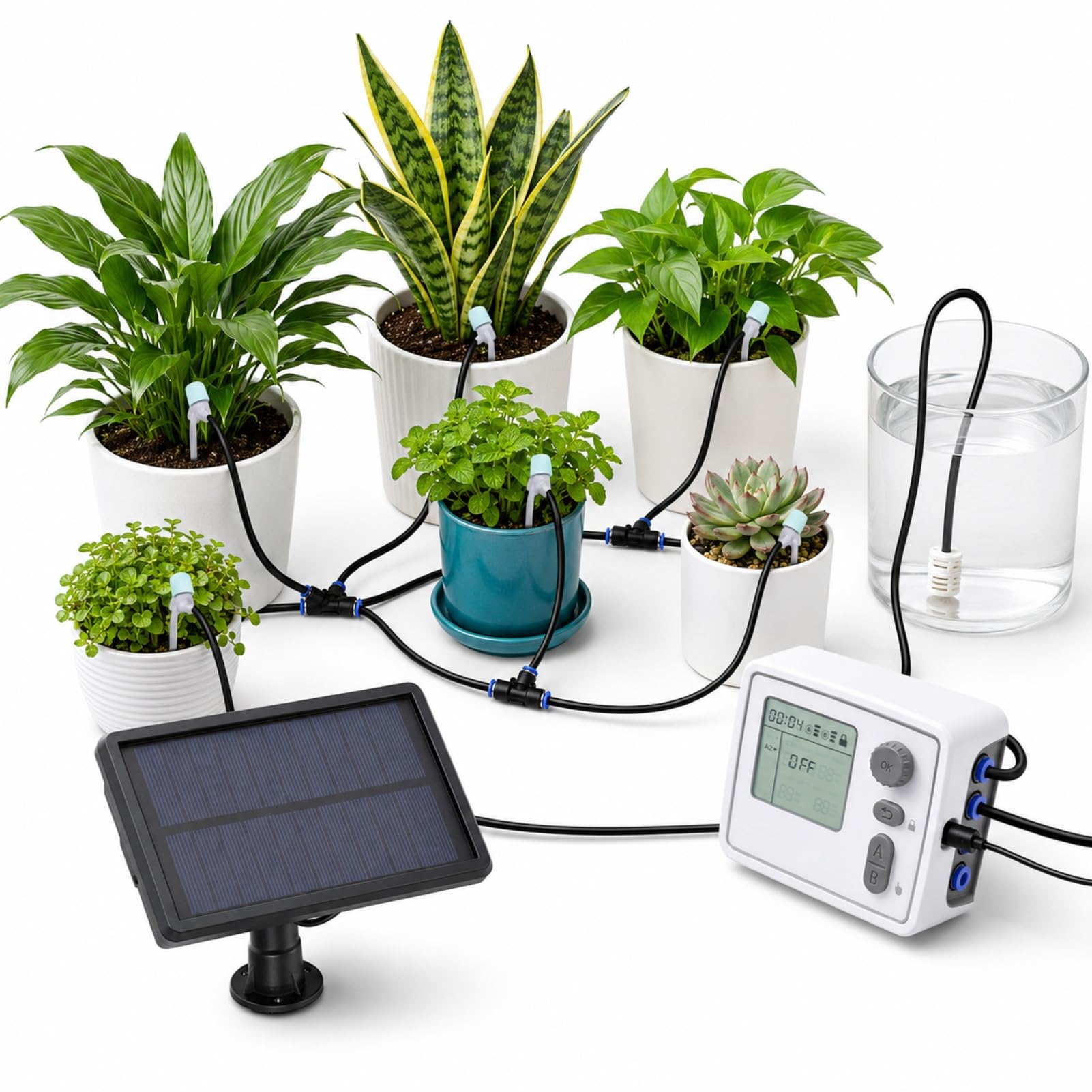 Automatisches Pflanzenbewässerungssystem mit App-Steuerung | WiFi-Smart-Tropfbewässerungsset, Solarbetrieben für Balkongarten und 20 Töpfe