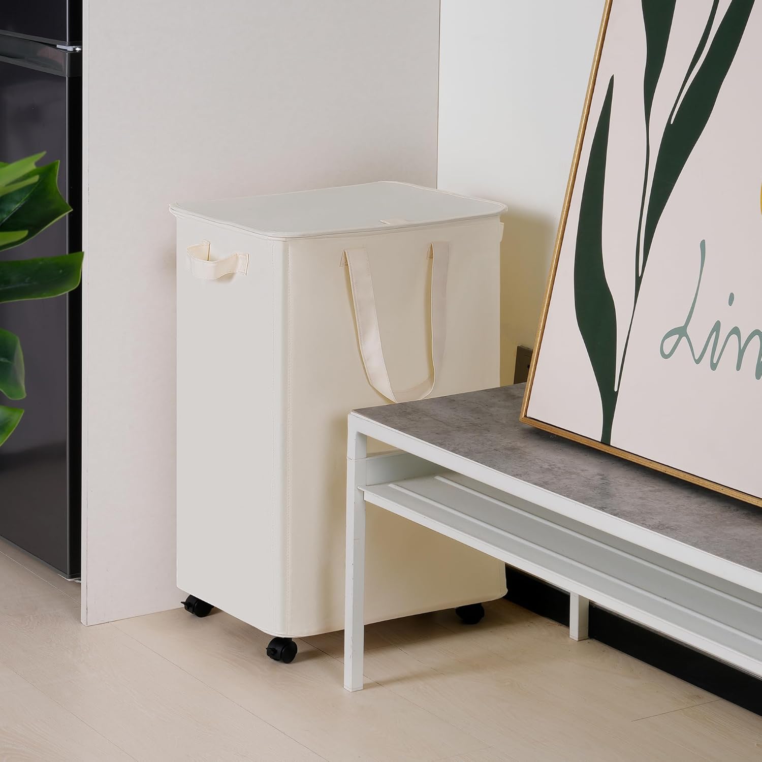 Slim Laundry Hamper with Lid and Wheels, Small Rolling Laundry Basket with Handle for Small Spaces, Tall Dirty Clothes Hampers for Dorm, Bathroom and Bedroom, 95L, Beige