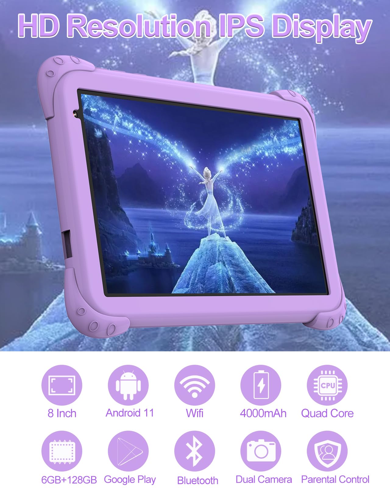 Tablet Bambini,8 Pollici Android 11,6GB RAM 128GB Rom per Bambini 3 a 6 8 10 Anni,Controllo Parental Doppia Fotocamera,WiFi Bluetooth,Educativo Kids Tablet con Custodia,Viola