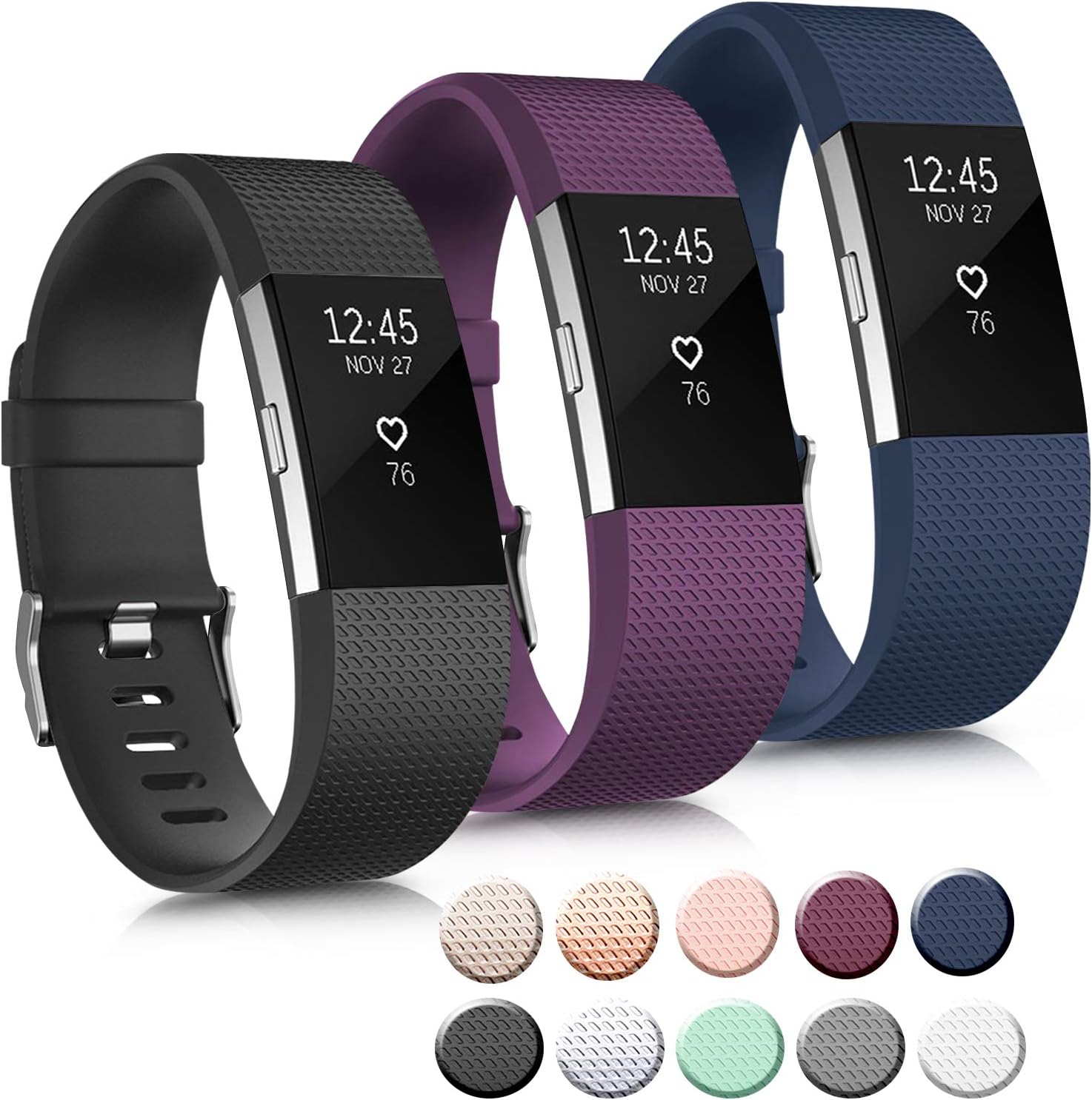 3 Pack Sport Bands Compatible with Fitbit Charge 2 Bands Women Men, Adjustable Replacement Strap Wristbands for Fitbit Charge 2 HR Small Large (Small, Black/Purple/Navy Blue)