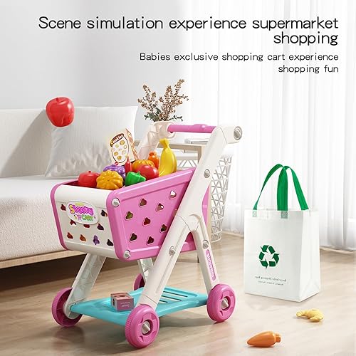 Miniatura 5 de 102pcs Kids Shopping Cart Trolley Play Set with Pretend Food and Accessories,Perfect for Ages 3+ Pretend Play and Role-Playing Games (Pink)