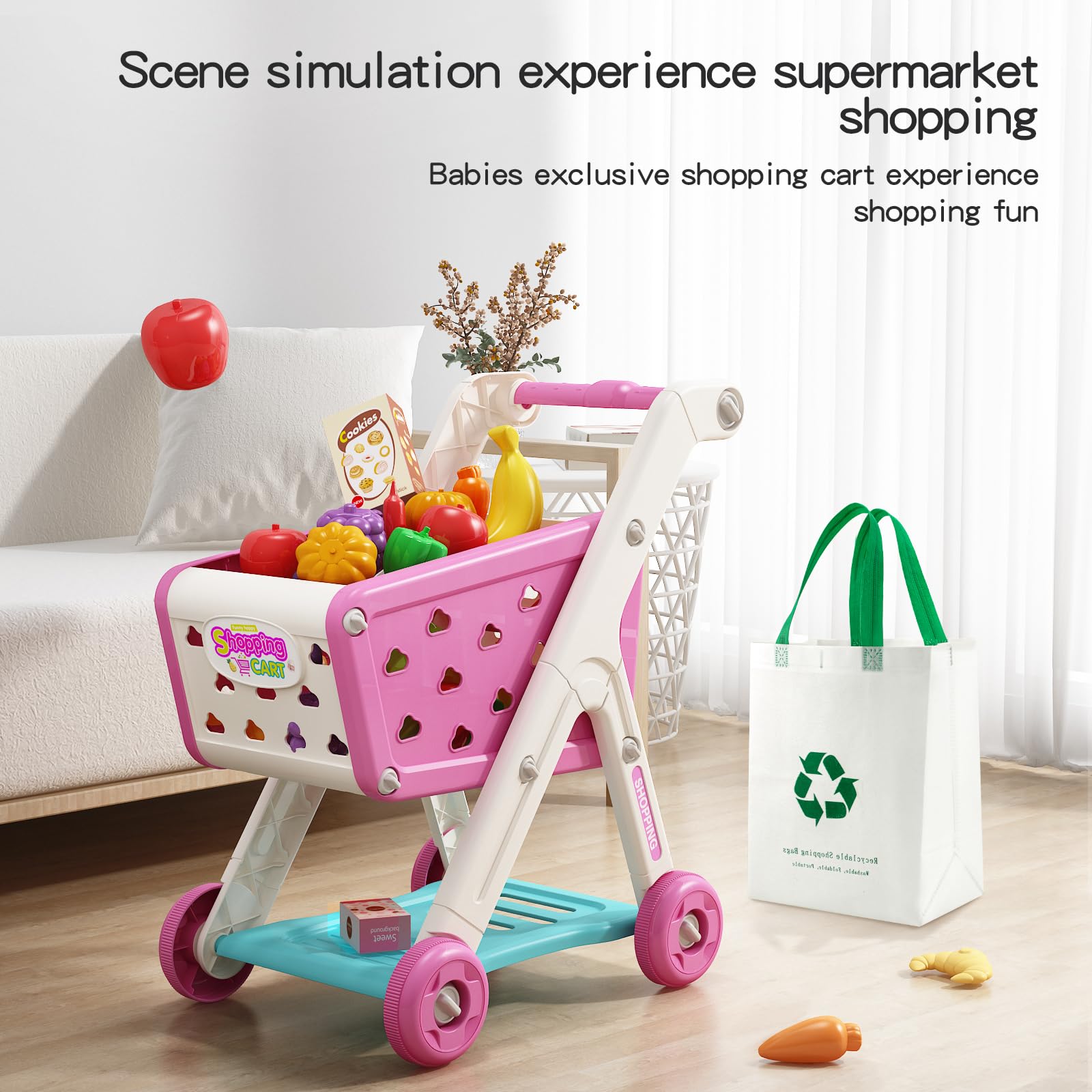 JOVOW Carro Compra Juguetes Infantil, 98 Piezas de Conjunto de Carrito de Compras para Niños con Bolsa de Compras, Conjunto de Juguetes de Cocina y Tienda para Niños y Niñas de 3 Años en Adelante