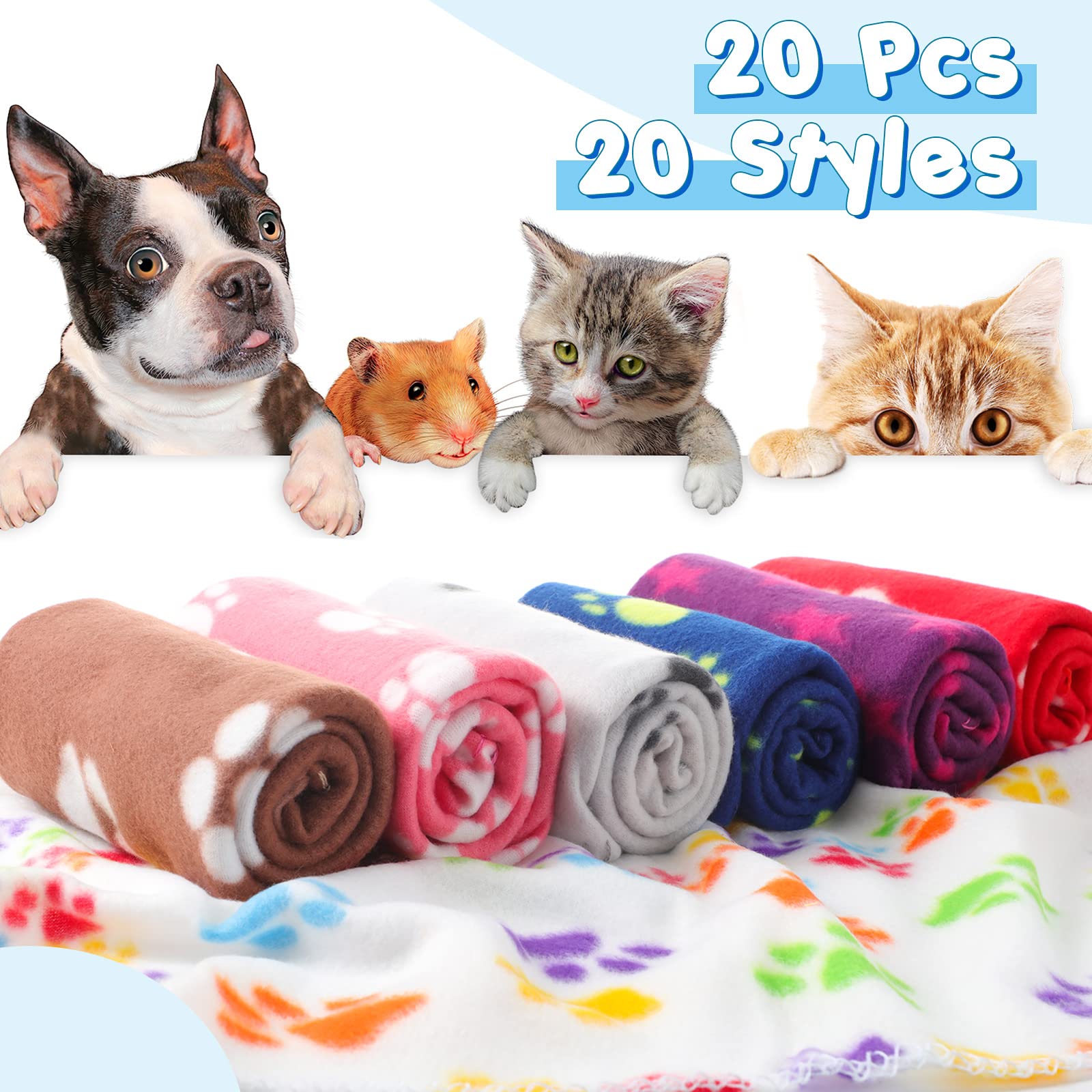 Eccliy 20 mantas para cachorros, mantas de forro polar suave para perros, manta de fieltro cálido, manta de dormir, mantas pequeñas para cachorros, mascotas, gatos, 20 estilos (pata, 23.6 x 27.6