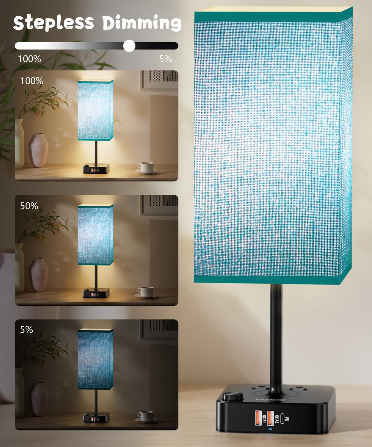 Bluetooth/WiFi RGB & USB Bedside Table Lamp with 3 USB Charging Ports 2 Outlets Power Strip, LED Light Bulb Dimmable, Music Sync Color Changing Light (RGB - Green Shade)