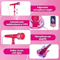 Vista 5 de Juego de guitarra y micrófono para niñas, máquina de karaoke con música y luz, juguetes de micrófono con soporte, juguetes de guitarra de altura