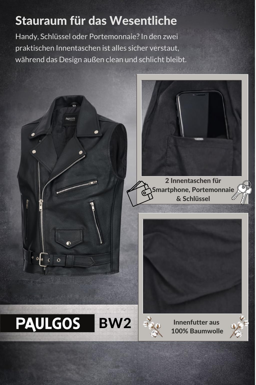 PAULGOS Lederweste Weste Kutte Leder Biker Rocker Motorrad Clubweste Bikerweste Motorradweste Schwarz BW2