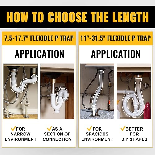 Miniatura 7 de Tubo de drenaje para fregadero P Trap de 1-12 pulgadas, tubo de drenaje flexible expandible para fregadero, tubo de drenaje en P de 11 a 31.5