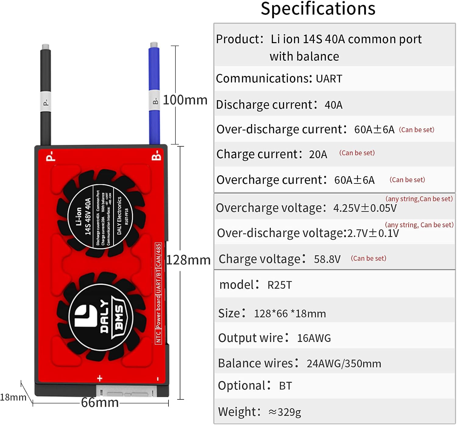 DALY Smart BMS Li-ion 14S 48V 40A with Programmable Bluetooth Module and Common Port