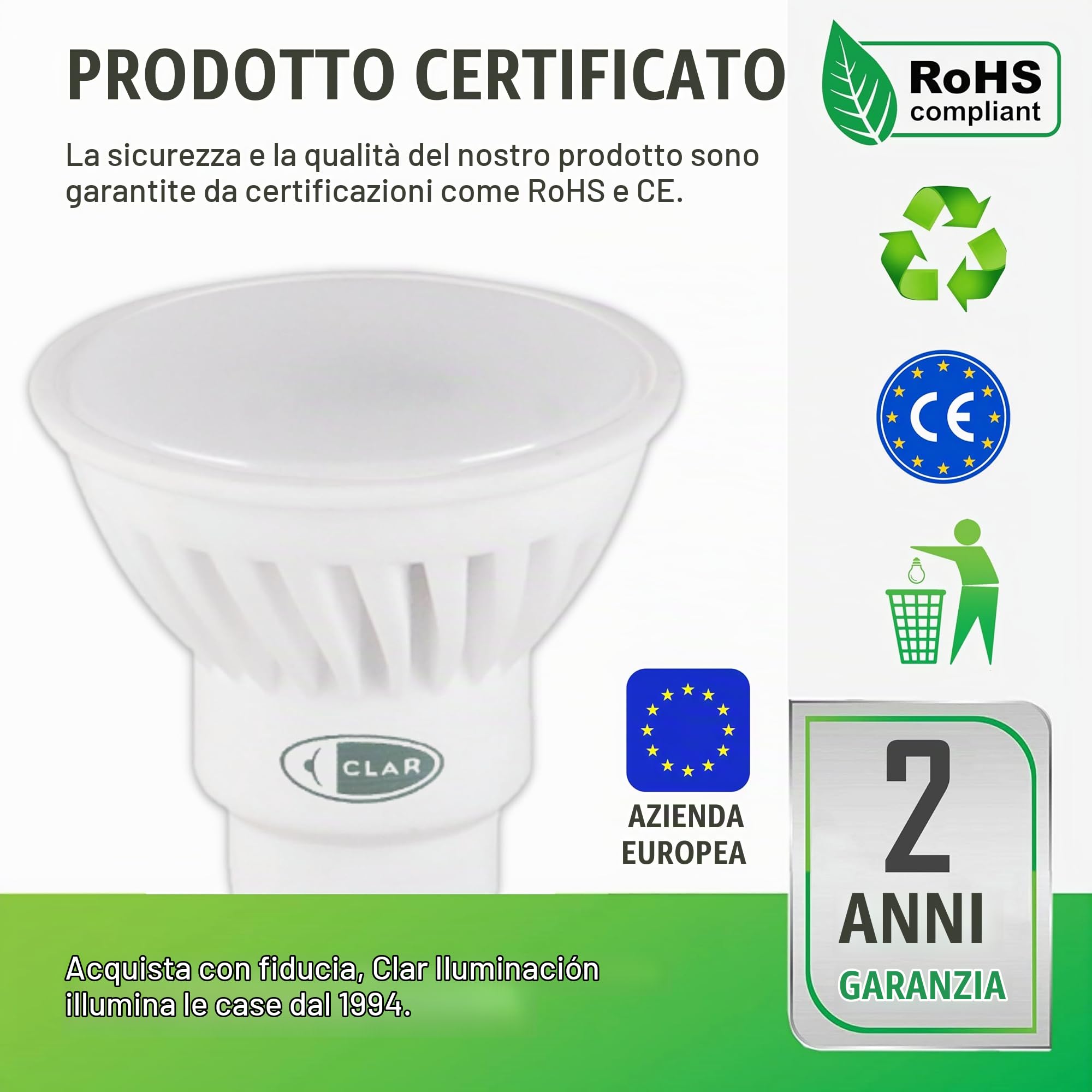 CLAR - Lampadine GU10 LED, Faretti GU10, GU10 LED 3000K 10W (Pack 10)