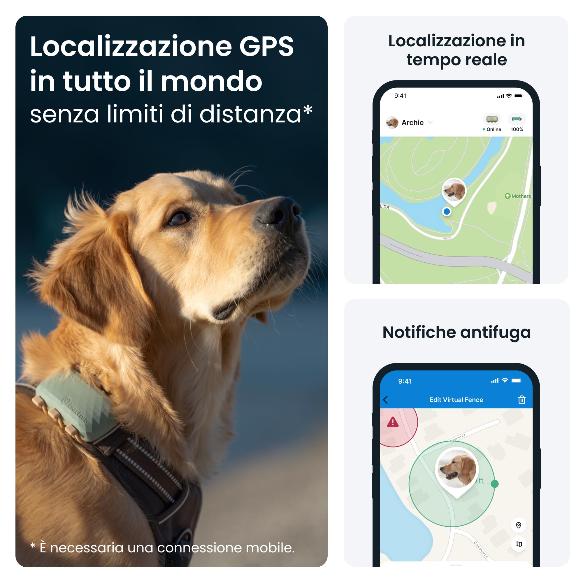 Tractive - GPS per cani XL - Fino a 1 mese di autonomia - Localizzazione in tempo reale in tutto il mondo - Notifiche antifuga - Monitoraggio dell'attività con avvisi di salute