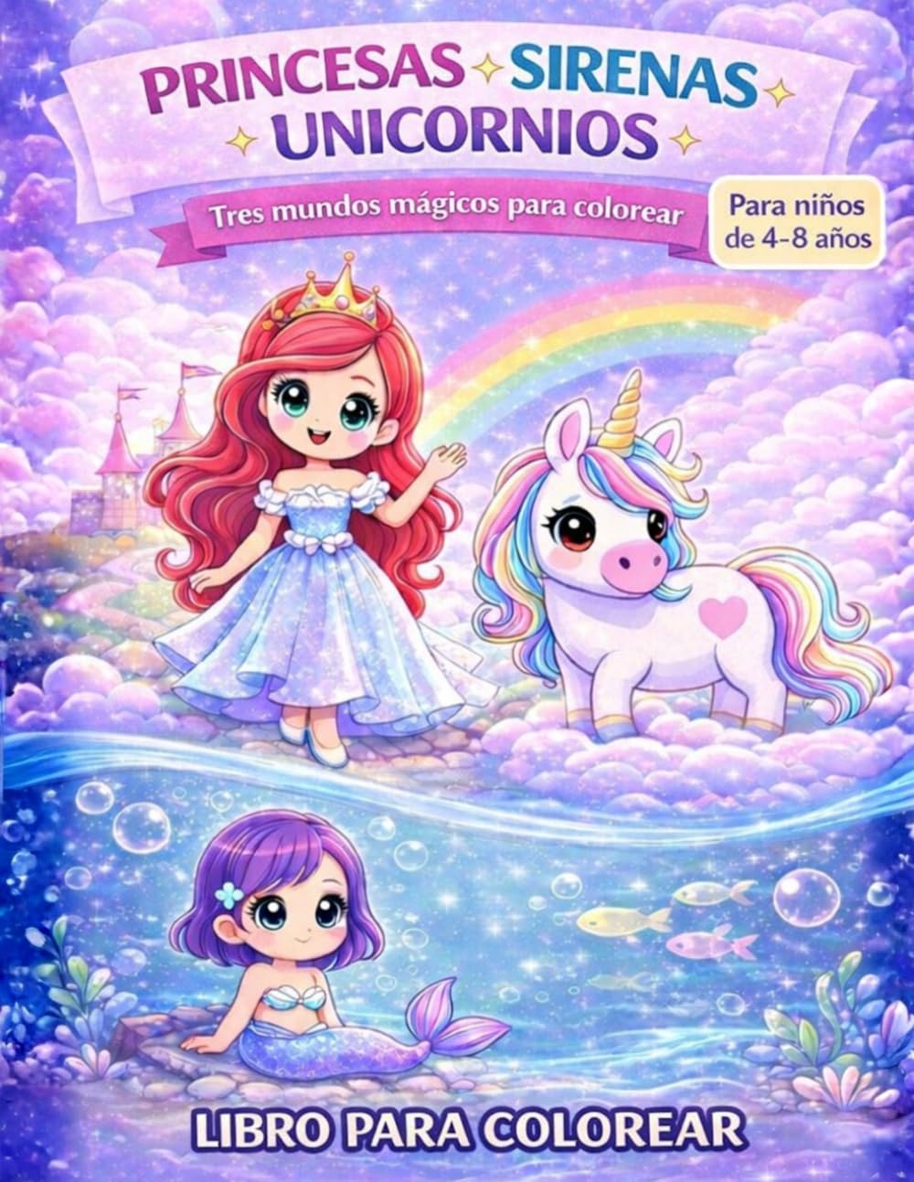 Princesas, sirenas y unicornios: Libro de colorear para niños de 4 a 8 años: 50+ ilustraciones lindas y fáciles de princesas, sirenas y unicornios. Páginas grandes para pequeños artistas.