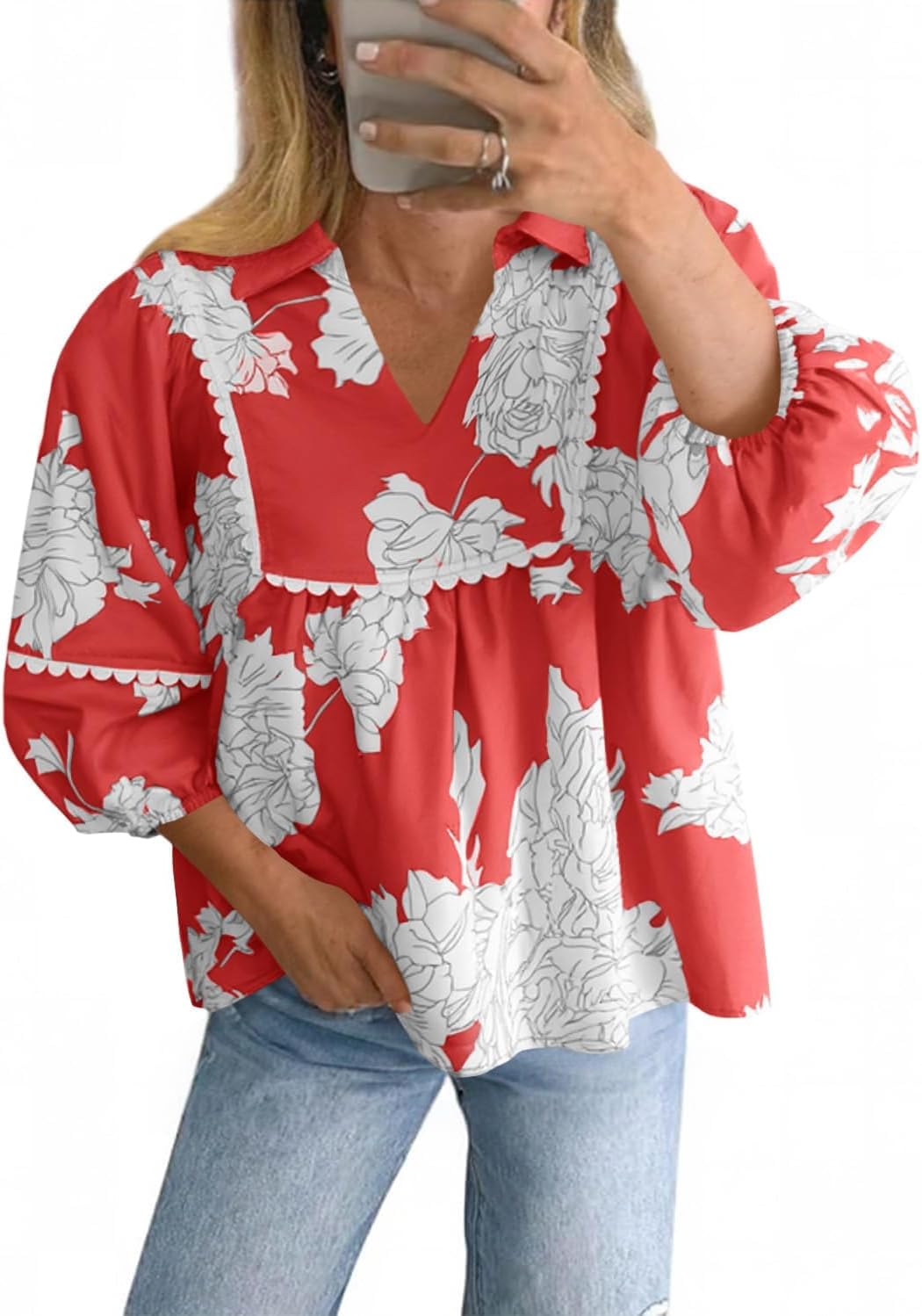 Tankaneo Womens Floral Peplum Babydoll Tops 3/4 Puff Sleeve Pleated Blouse Cute Casual V Neck Loose Fit Flowy Boho Shirts