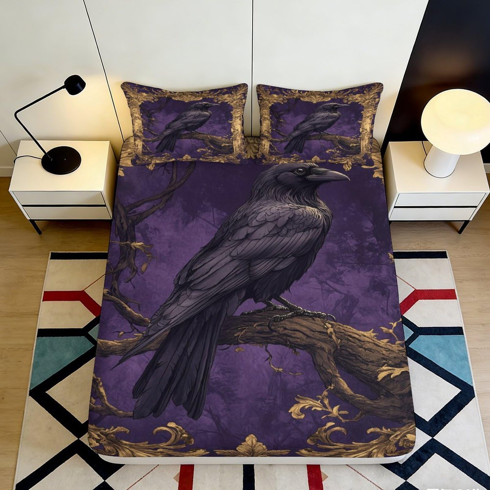 Pnayamiorkfel Style-5 3D Printed Gothic Raven Fitted Sheet Microfiber Purple Forest Bed Cover For Bedroom Dorm Mattress Protection Decor 90X200x25cm