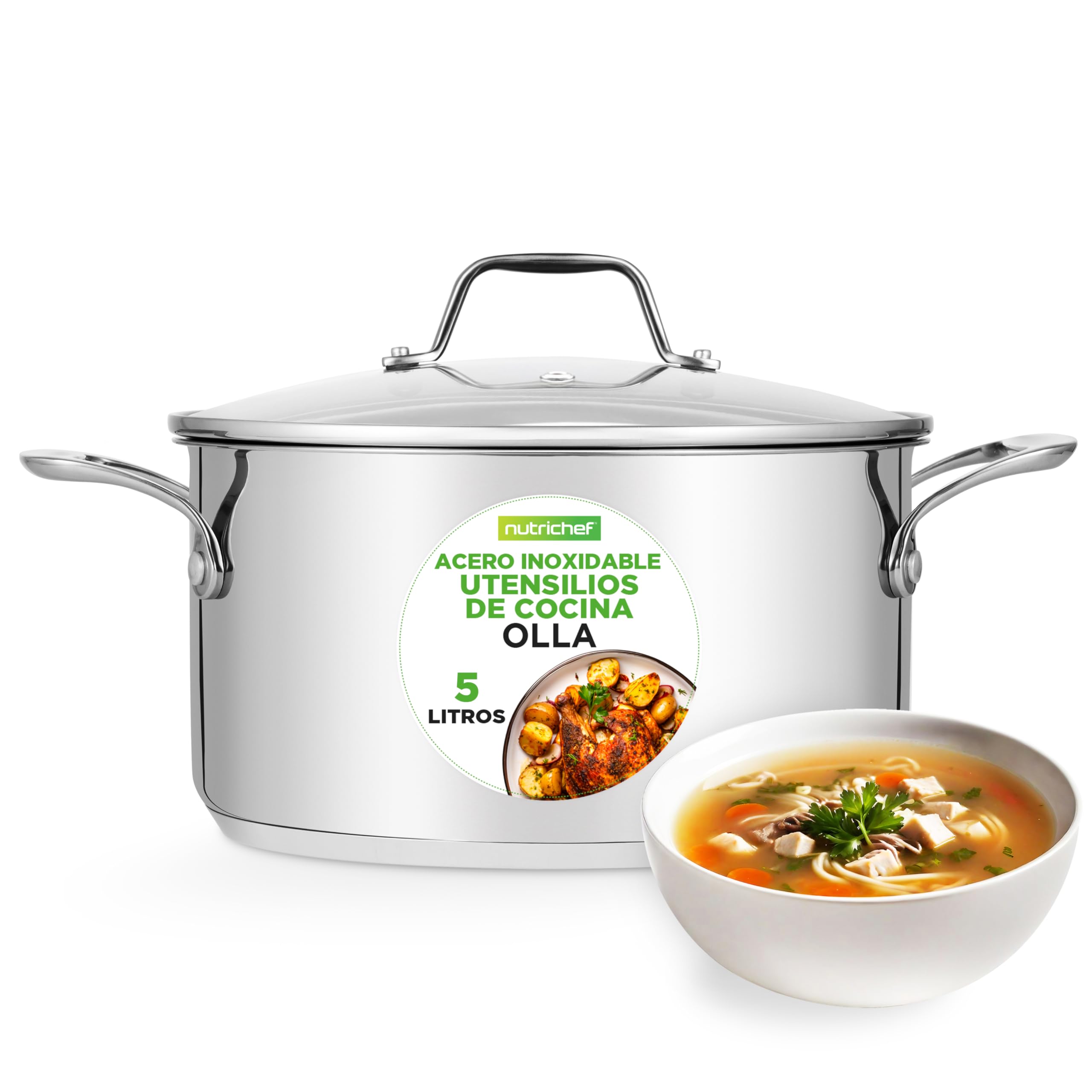 Nutrichef olla acero inoxidable 18/​8, 6 cuartos, Induccion, Tapa, Caldo, Estofado