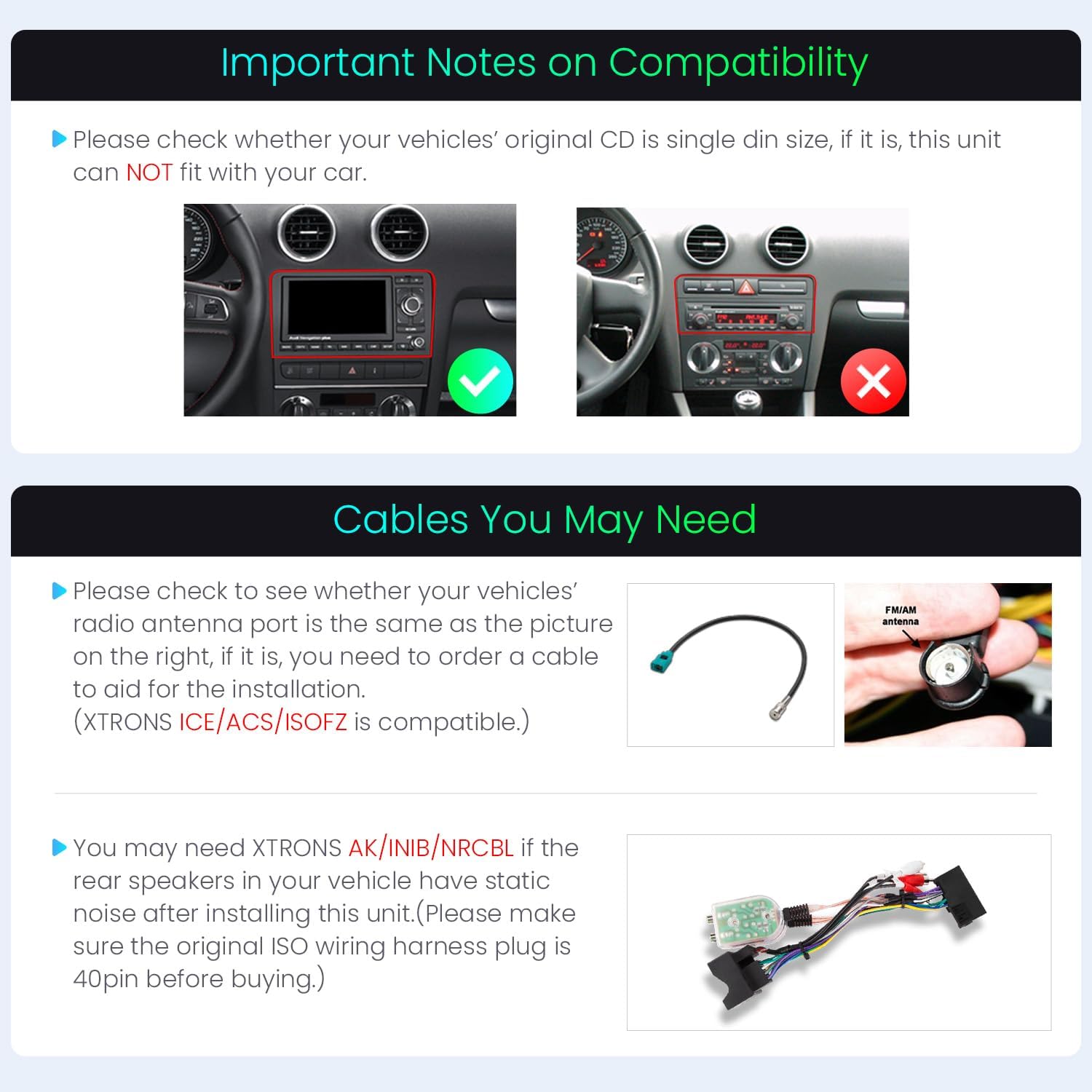 Compatibility notes for XTRONS car stereo installation, showing single DIN check and radio antenna cable