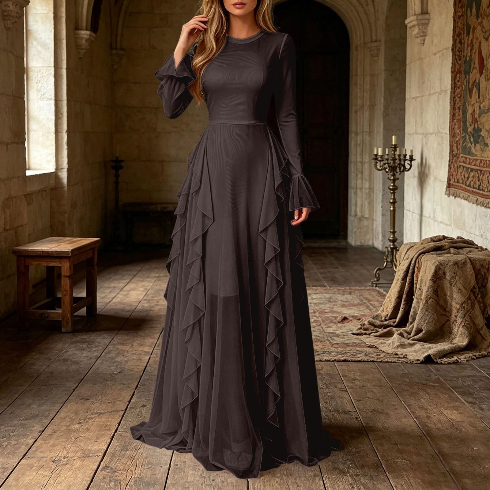 Generisch Robe longue élégante pour femme avec volants, manches trompette et col montant, vintage, col rond, en velours côtelé, robe de soirée, robe de mariée avec ceinture, élégante robe de cocktail