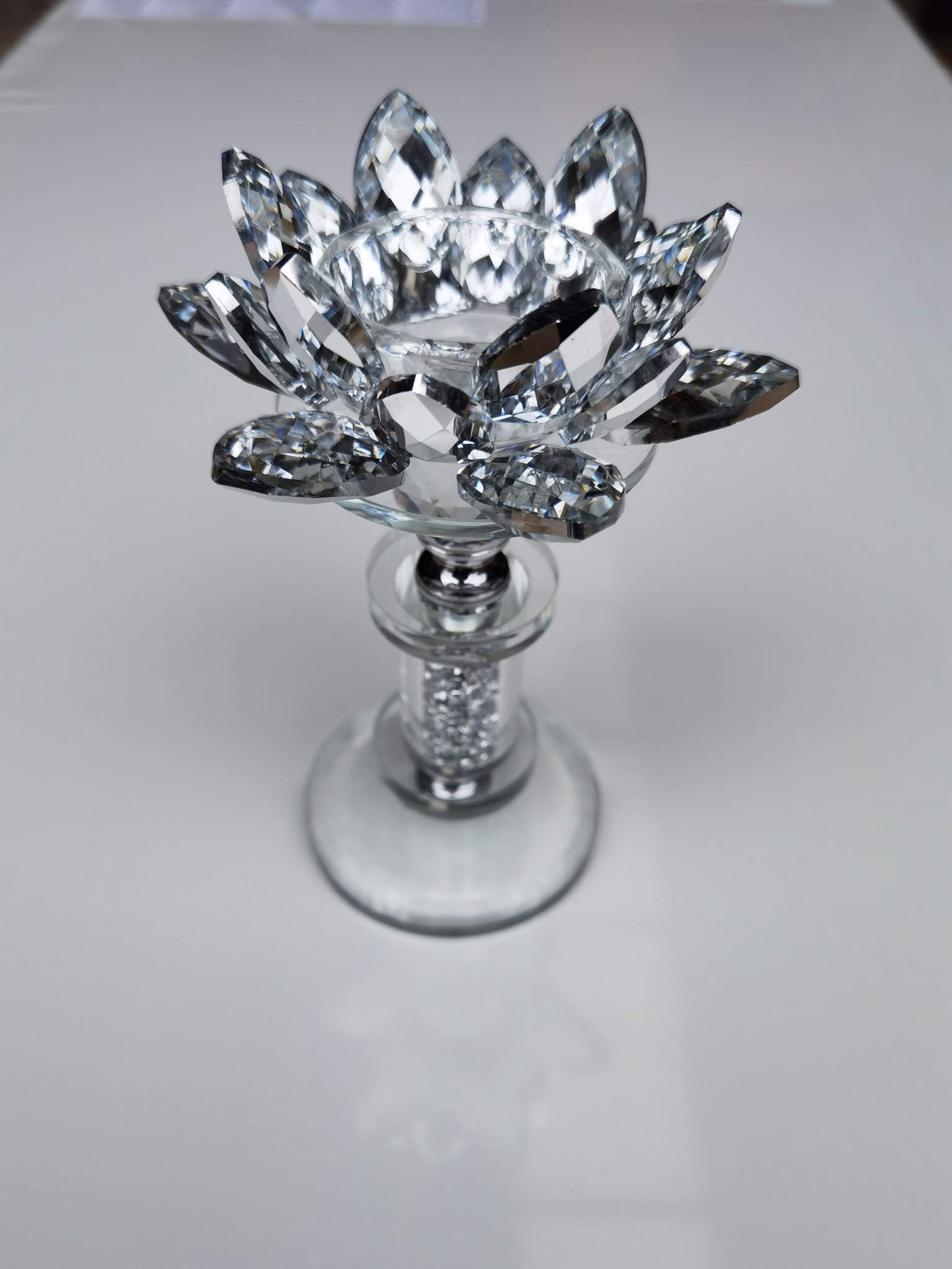Deenz Silver Sunburst Flower Crushed Diamond Crystal Candle Holder Tealight Holder Clear Crystal Glass Tall Pillar Taper Candle Holder Home Decor Wedding 17Cm