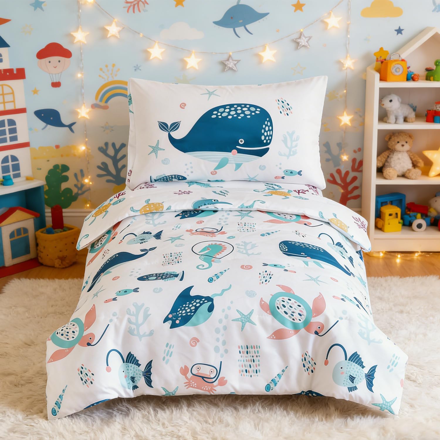 PERFEMET 4 Pcs Toddler Bedding Set Ocean Themed Toddler Comforter for Girls
