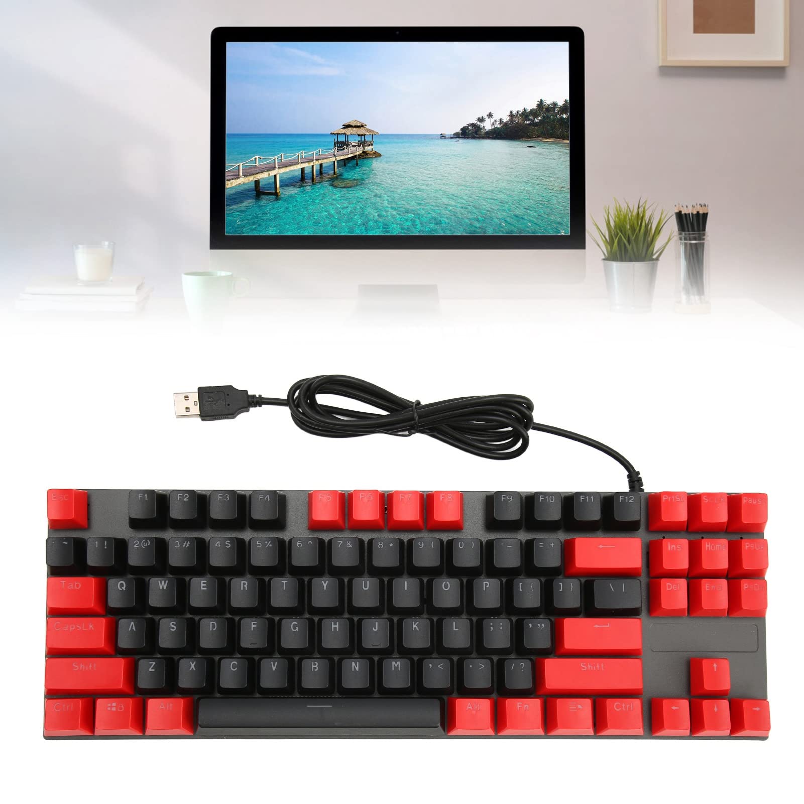 Teclado Mecánico de Dos Colores, Teclado Mecánico para Juegos, 87 Teclas, Ultradelgado, RGB, Retroiluminado, Teclado con Cable USB con Interruptores Azules, para PC Gamer (Alámbrico Negro Rojo)