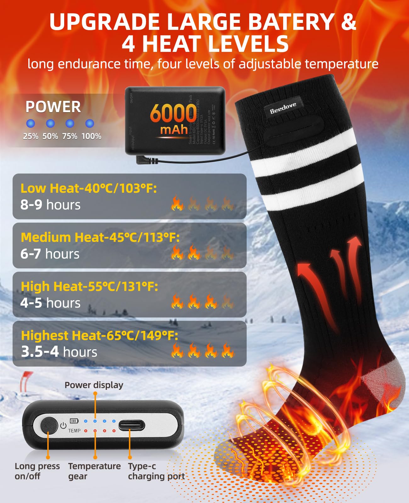 6000mAh Calze Riscaldate a Batteria, Calzini Riscaldanti Ricaricabili con 4 Temperature & Ultimo Design Della Punta Riscaldata, Scaldapiedi Elettrici Riscaldati Tramite USB Calzini Invernali Caldi