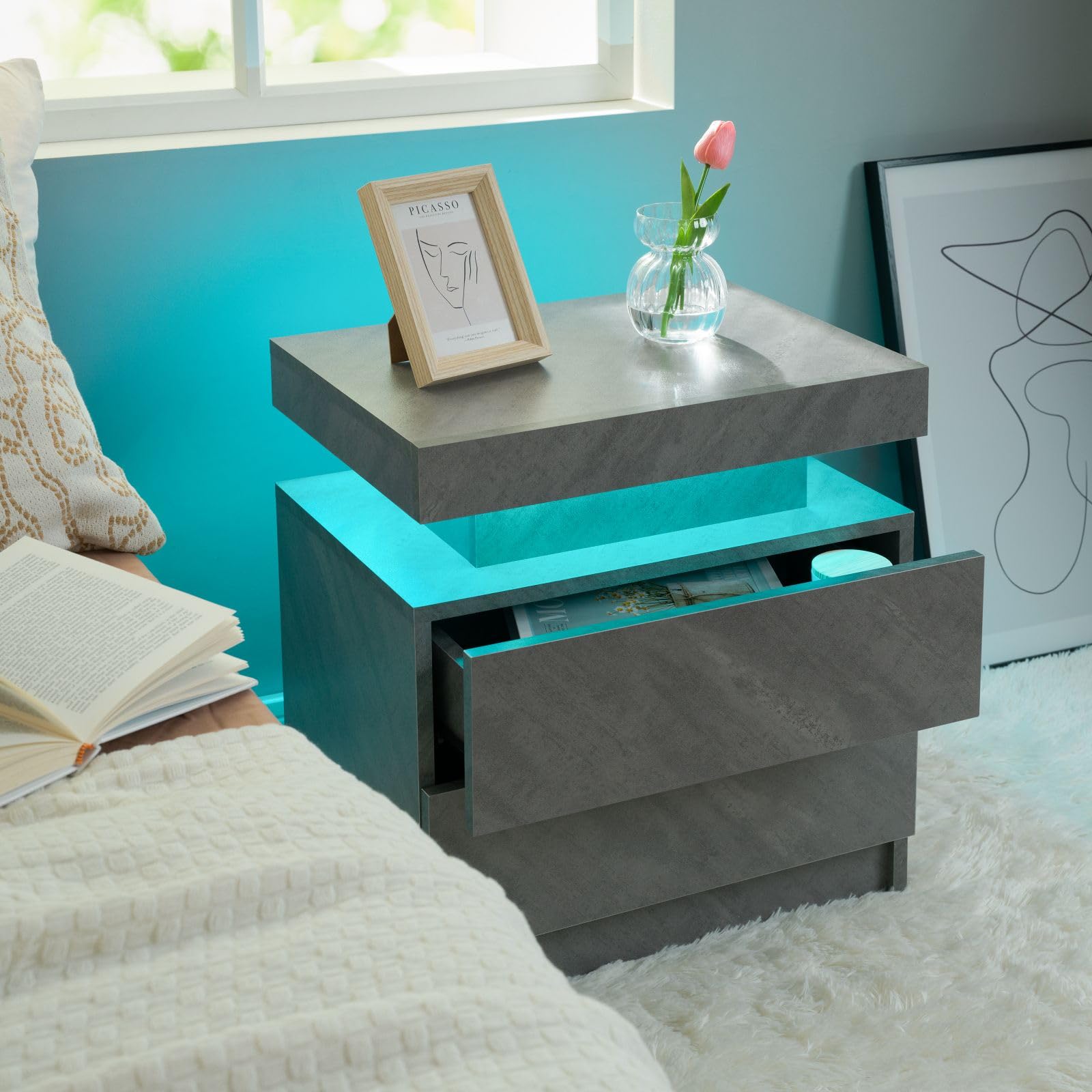 i-aplus Grey Night Stand Set 2 Modern Bedside Tables with 2 Drawers Bedroom Night Stands Set of 2 LED Night Stand for Bedroom