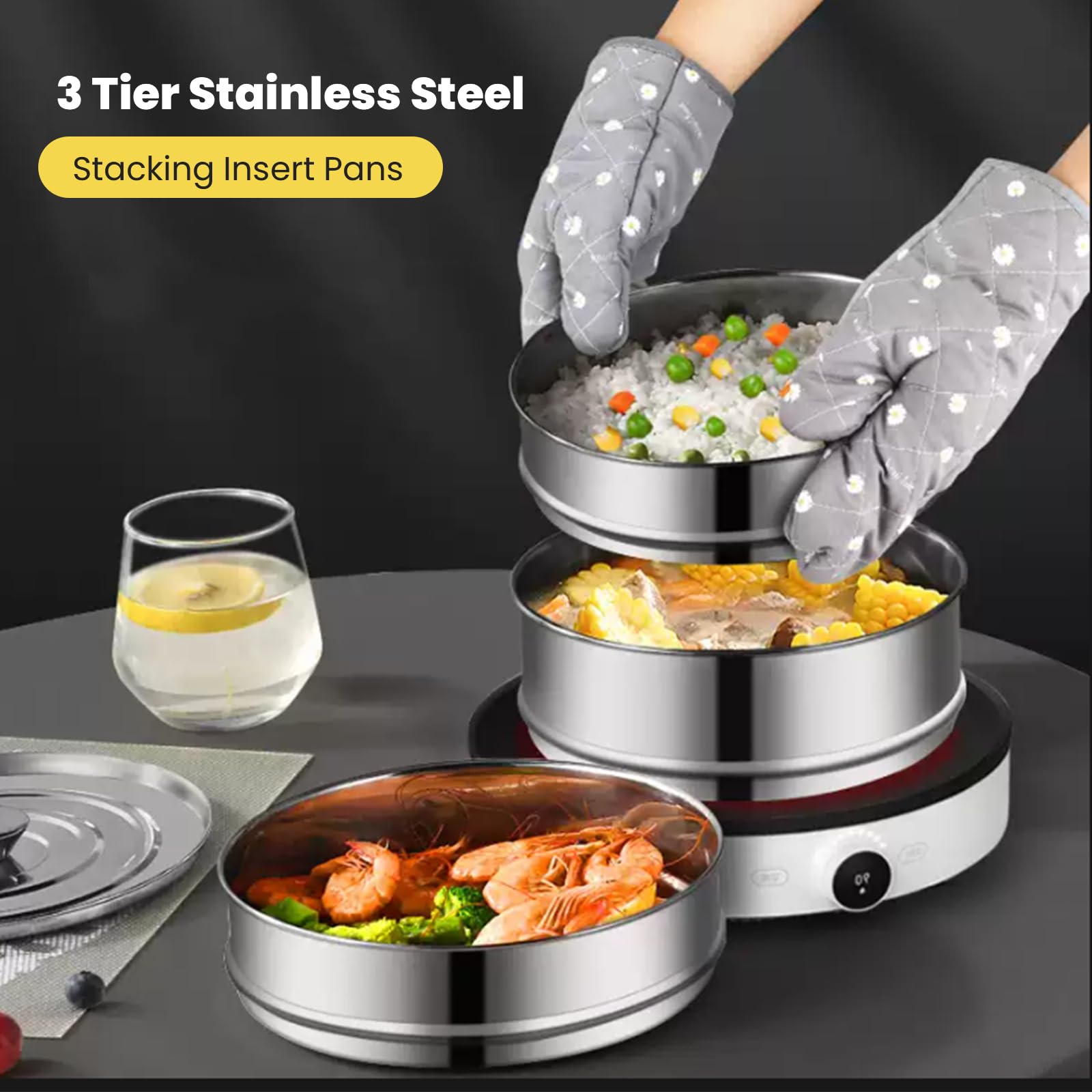 FLEXMAN 3 Tier Stackable Insert Pans, 18.5X7.5in Stainless Steel Baking Pans, Steamer Insert Pans for Steaming Rice, Vegetables, Meat, Fish, Soup, Cheesecakes