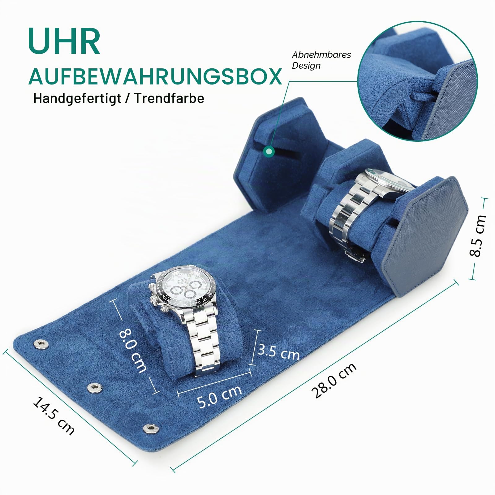 Hiram Hexagon Uhren-Reiseetui aus echtem Leder 2 Uhrenrollen-Etui Uhren Aufbewahrungsbox Schutz-Organizer für Armbanduhren (Blau)