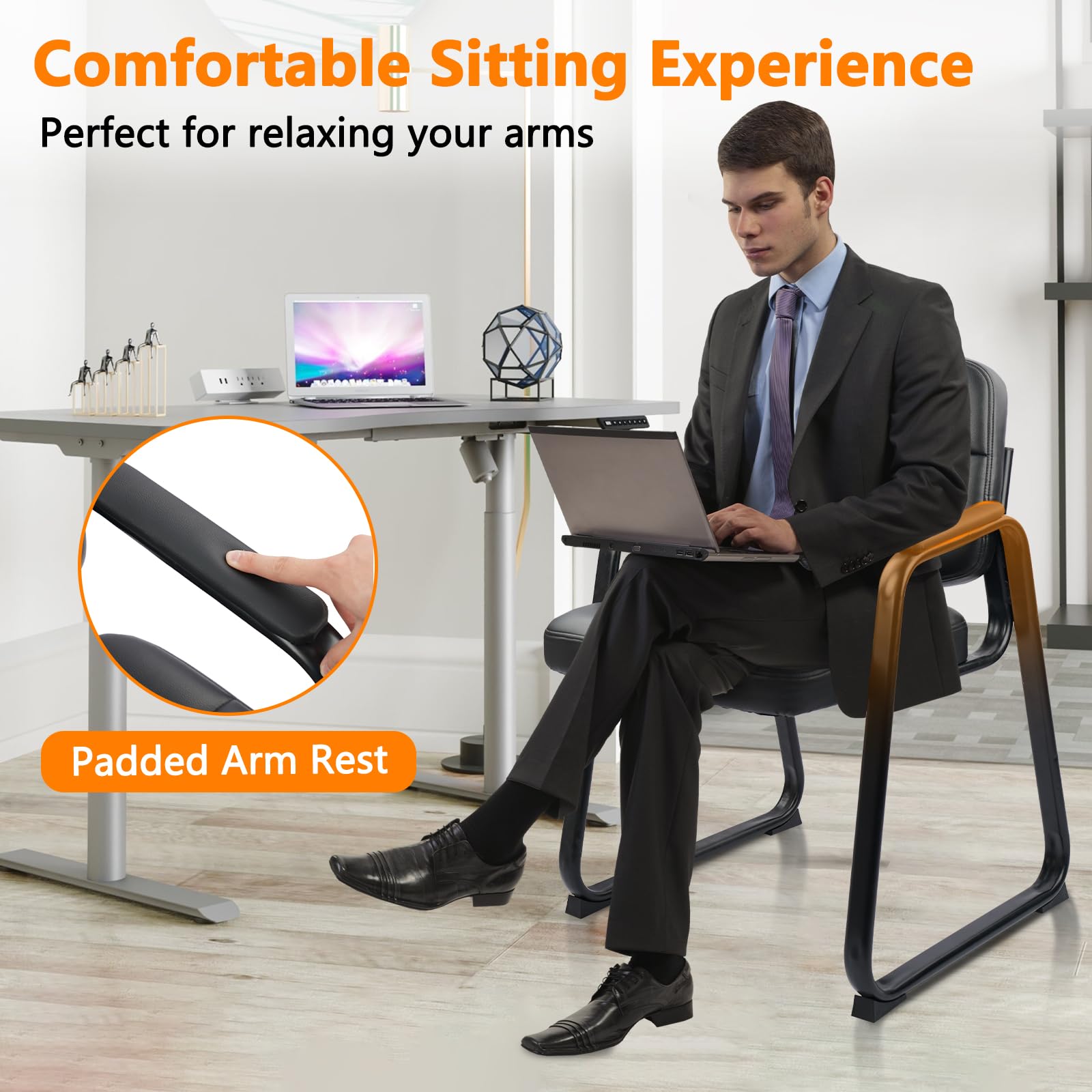 CLATINA Waiting Room Guest Chair with Bonded Leather Padded Arm Rest for Office Reception and Conference Desk Black — view 9