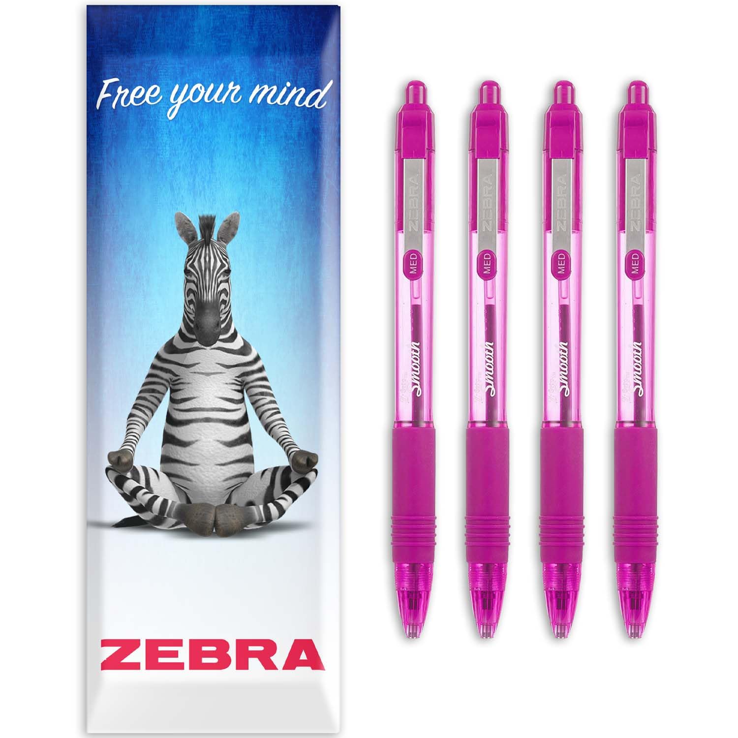 Zebra Z-Grip Smooth Ink Retractable Ballpoint Pen - 1.0mm Nib - Pack of 4 Pens - In Envelope Gift Packaging (Pink)