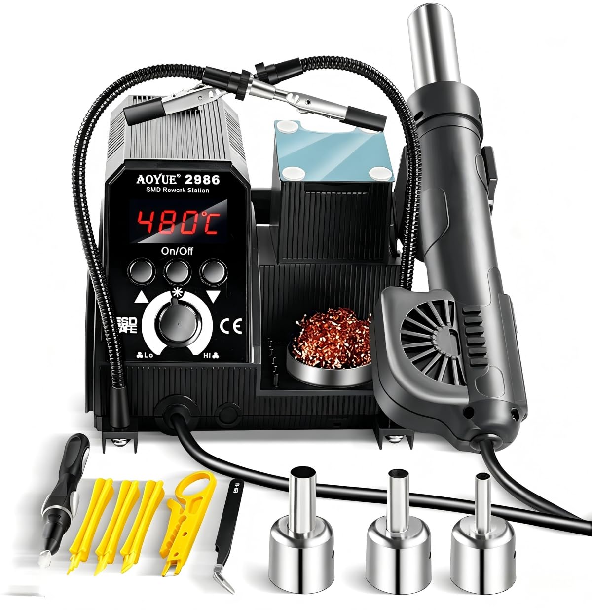 Aoyue 2986 500W Hot Air Rework Station Kit with 2 Helping Hands, 3 Nozzles, Gun Holder, Solder Coil Holder, Metal Component Tray, Tweezers