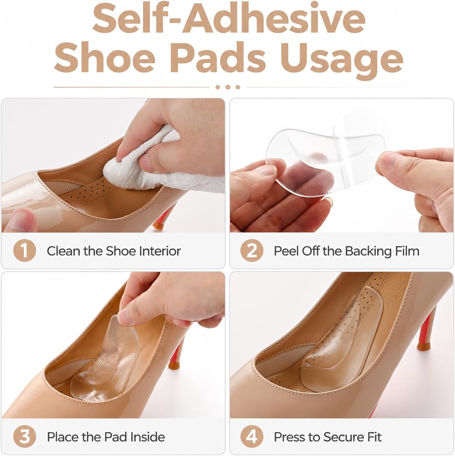 Gel Arch Support Inserts for Women, 4 Pairs Non-Slip Arch Support Insoles for Sandals, Silicone Orthopedic Arch Pads for Plantar Fasciitis Relief, Foot Pressure & Pain, Flat Feet(Clear)