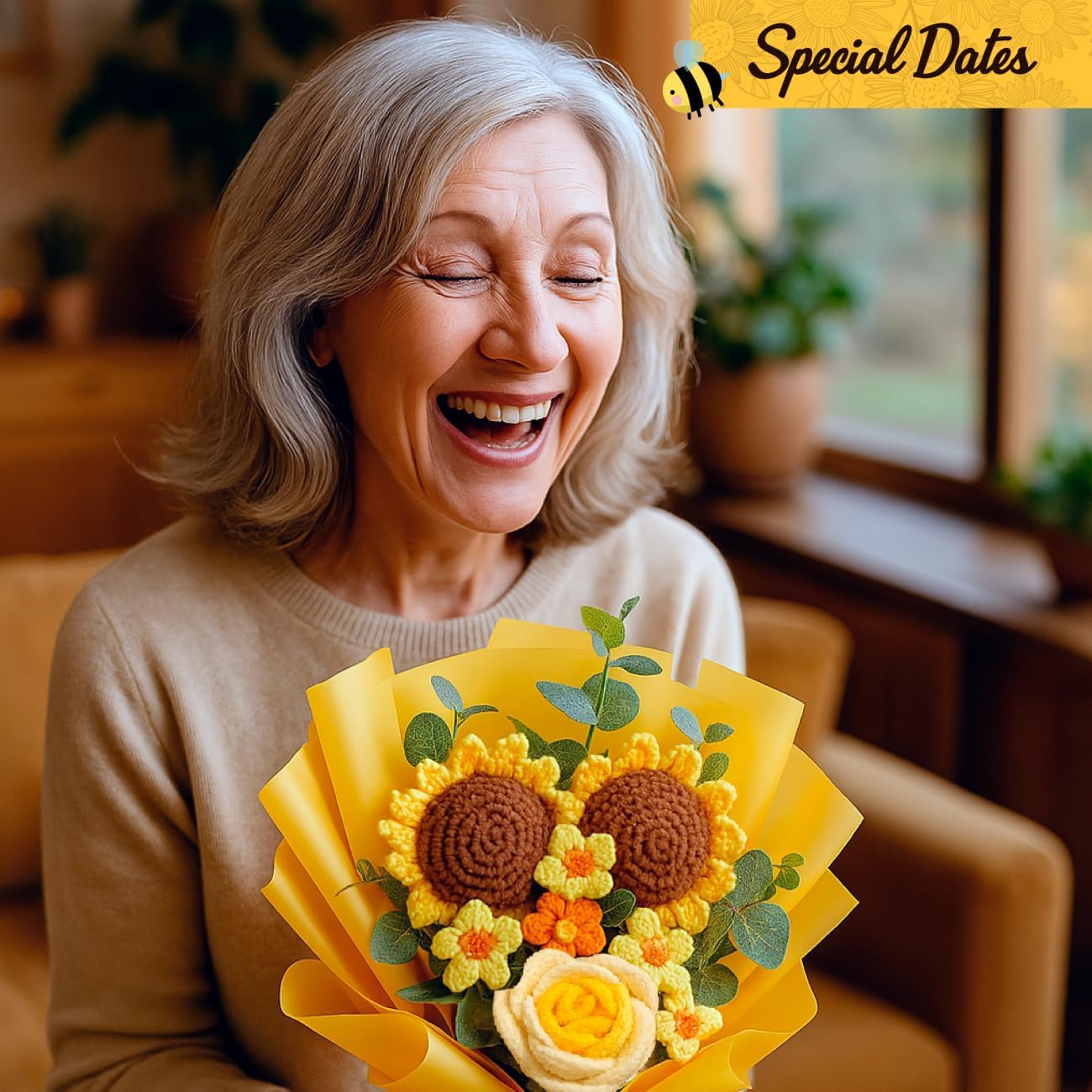 AMARILO - Crochet Flower Bouquet with Sunflowers – Handmade Yarn Flowers with Gift Box & Sunflower Keychain, Cute Crochet Flowers for Birthday, Mother’s Day, Get Well or Room Decor